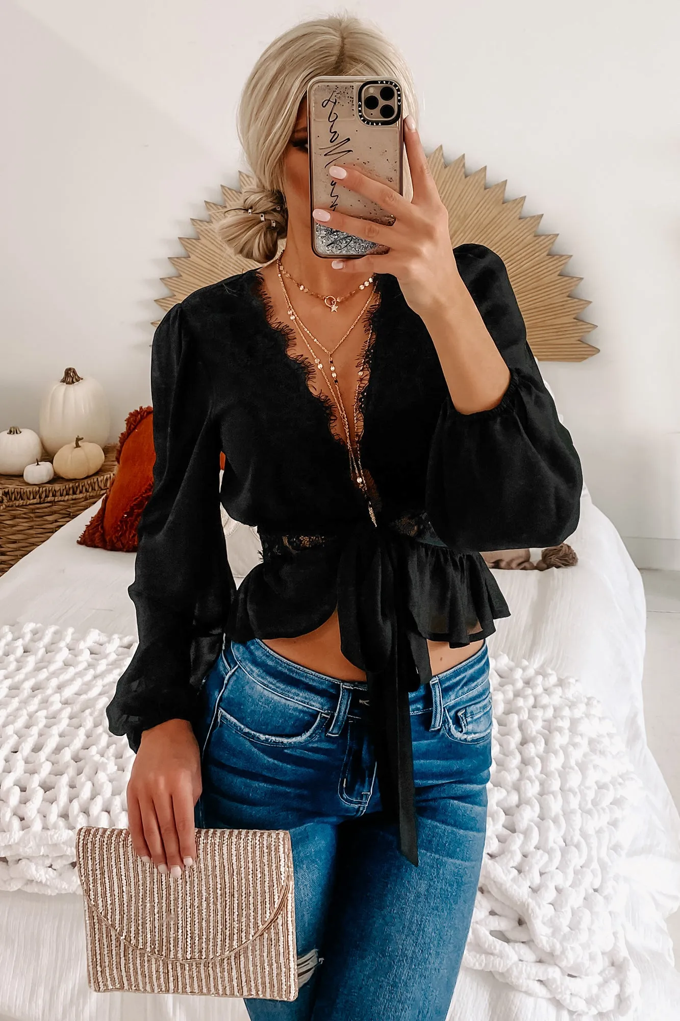 Fully In Charge Sheer Tie-Front Lace-Trimmed Top (Black)