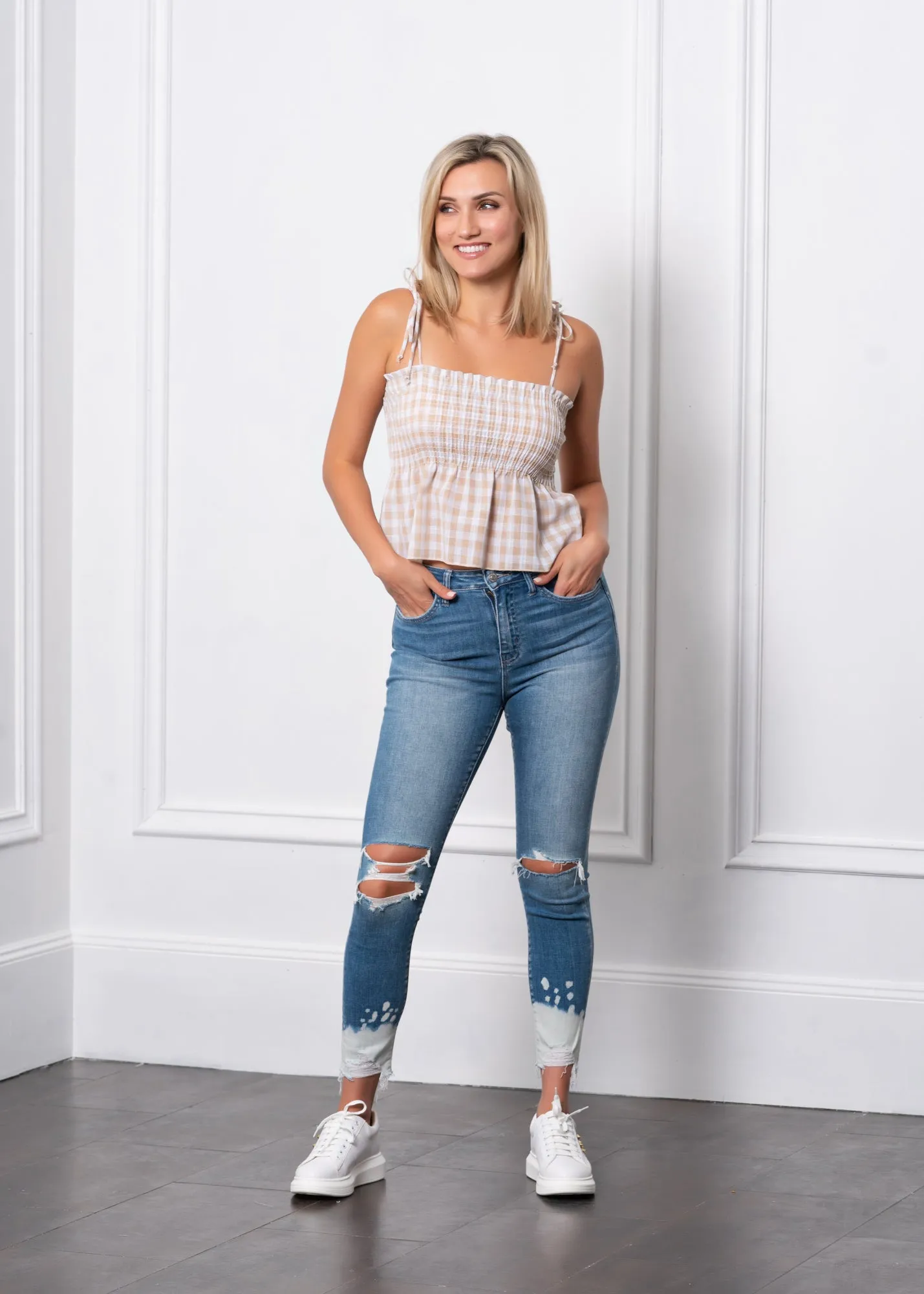 Gingham Shoulder Tie Top