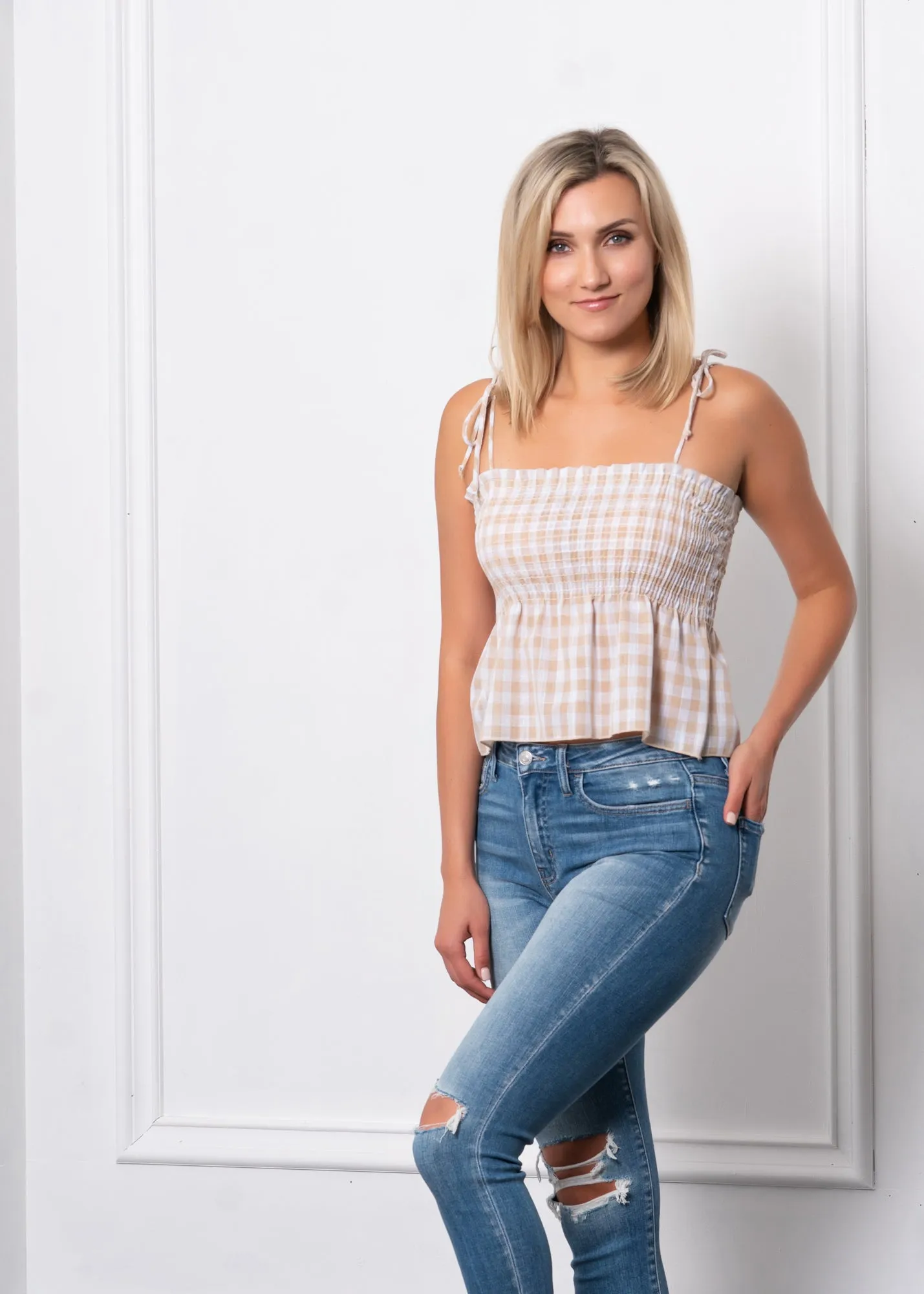 Gingham Shoulder Tie Top