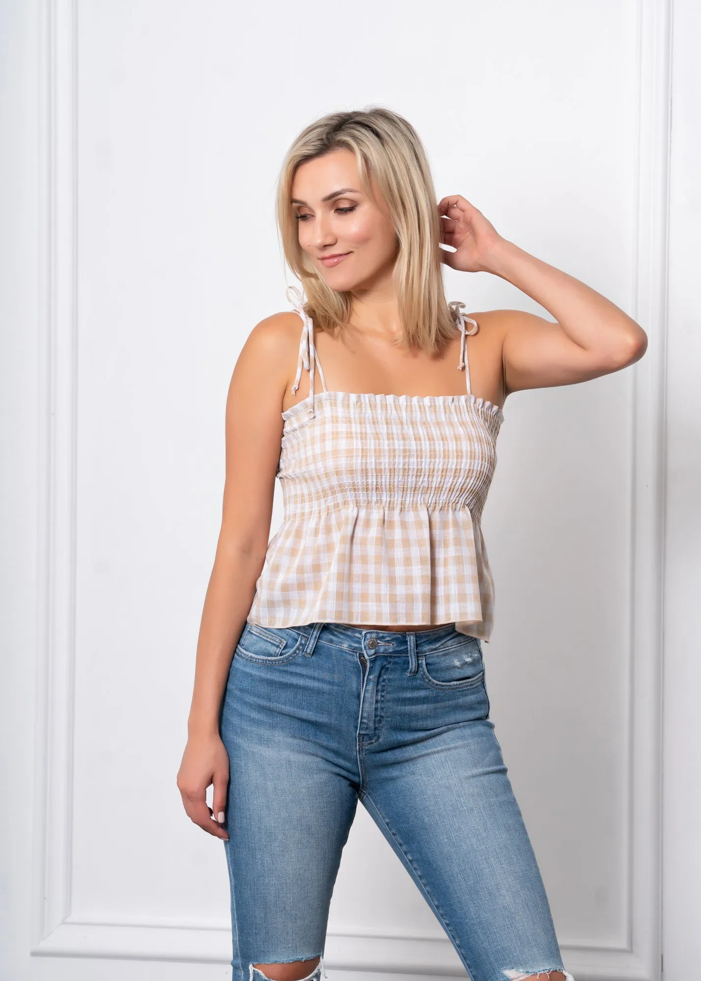 Gingham Shoulder Tie Top