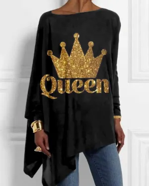 Golden Crown Print Off-shoulder Irregular Top