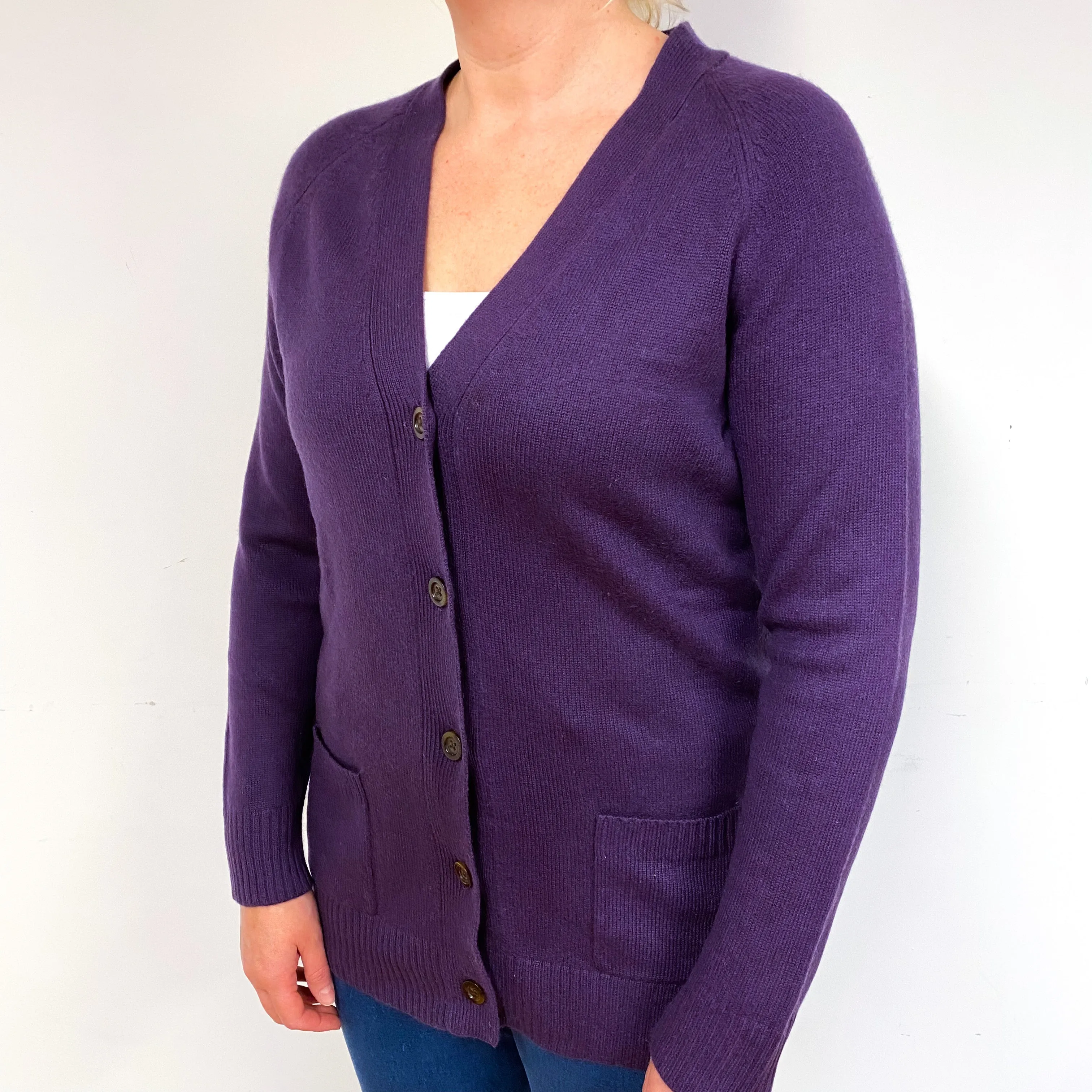 Grape Purple Heavy Knit Cashmere V-Neck Cardigan Large