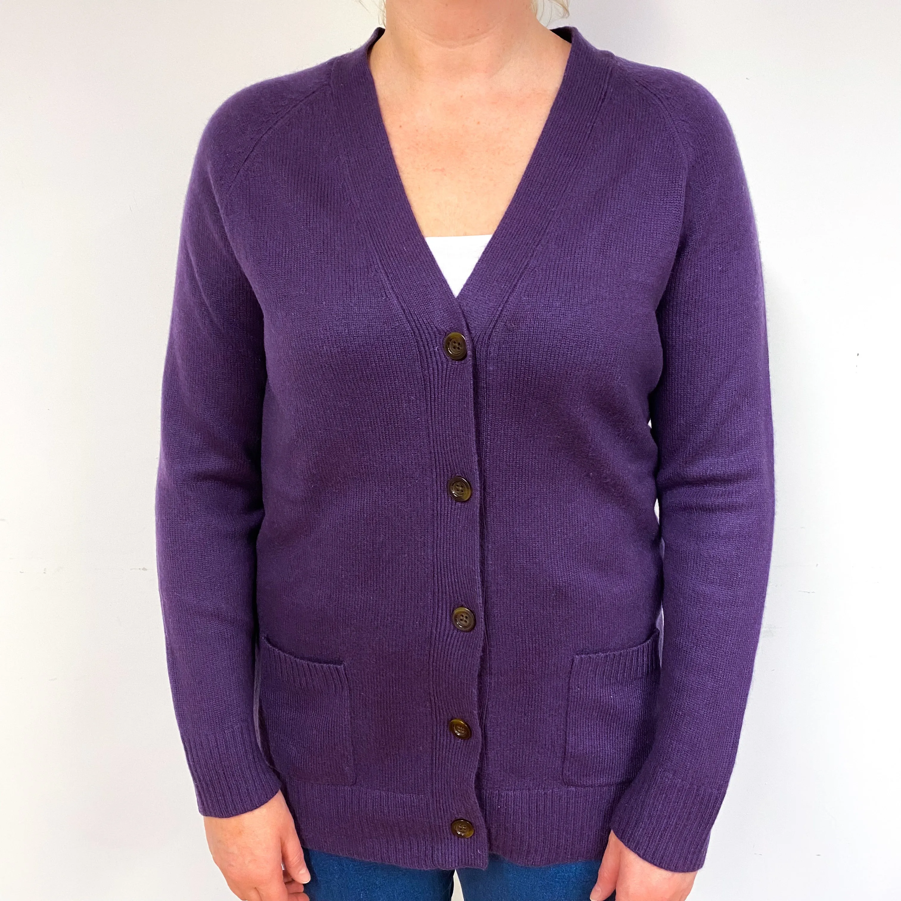 Grape Purple Heavy Knit Cashmere V-Neck Cardigan Large