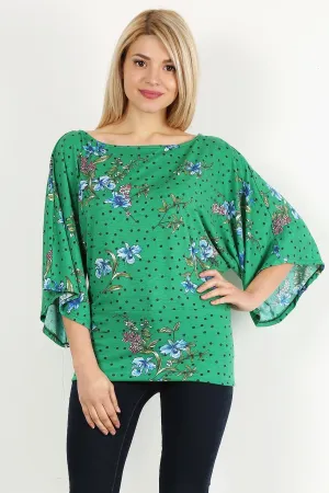 Green Floral Curvy Top With Bell Sleeves and Round Neckline