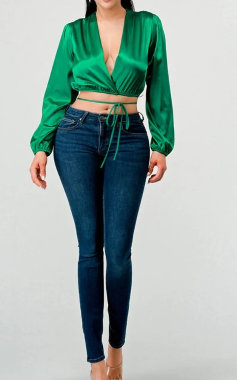 Green Satin Crop Top Blouse