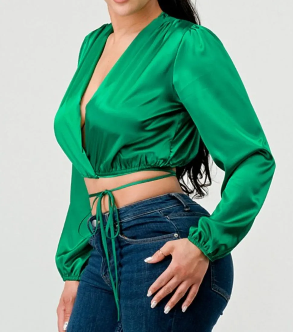 Green Satin Crop Top Blouse