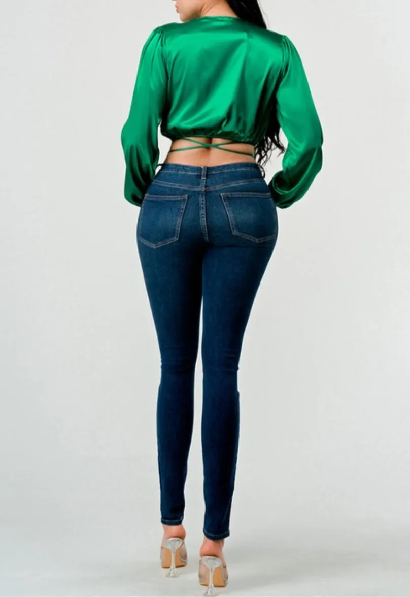 Green Satin Crop Top Blouse