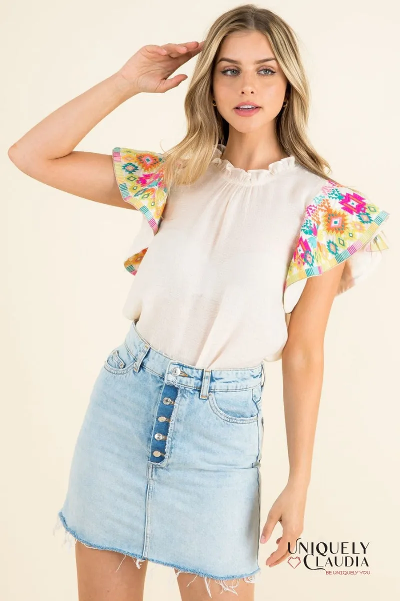 Grethel Embroidered Ruffle Sleeves Top