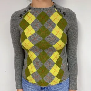 Grey and Green Diamond Cashmere Crew Neck Jumper Small
