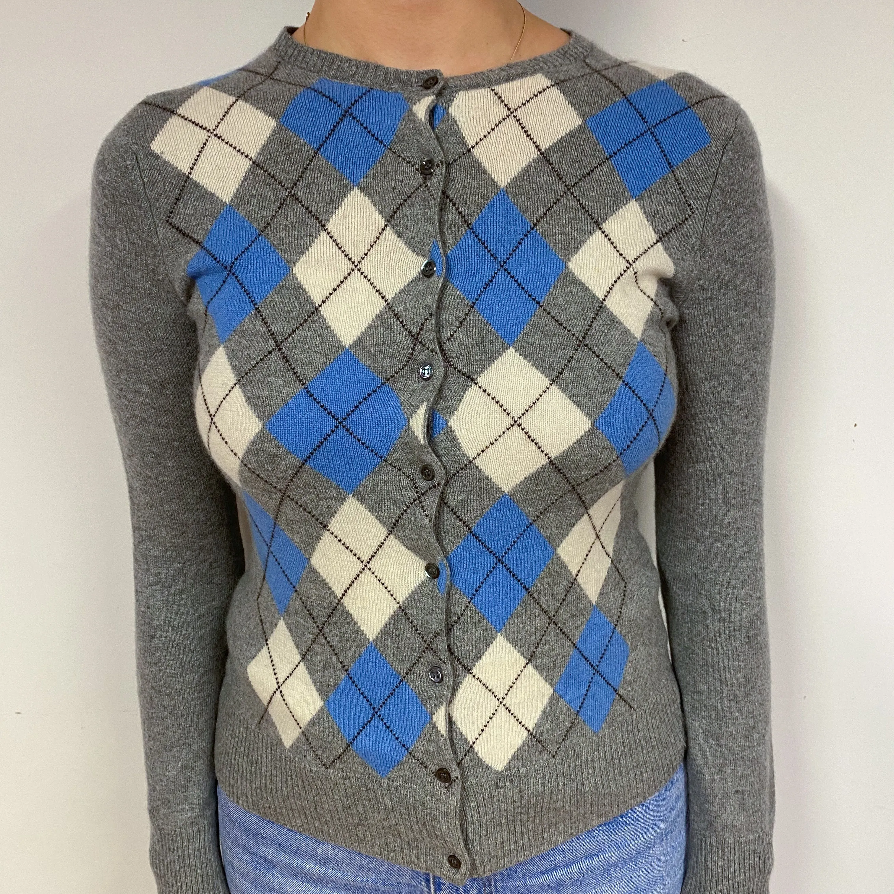 Grey Diamond Cashmere Crew Neck Cardigan Small