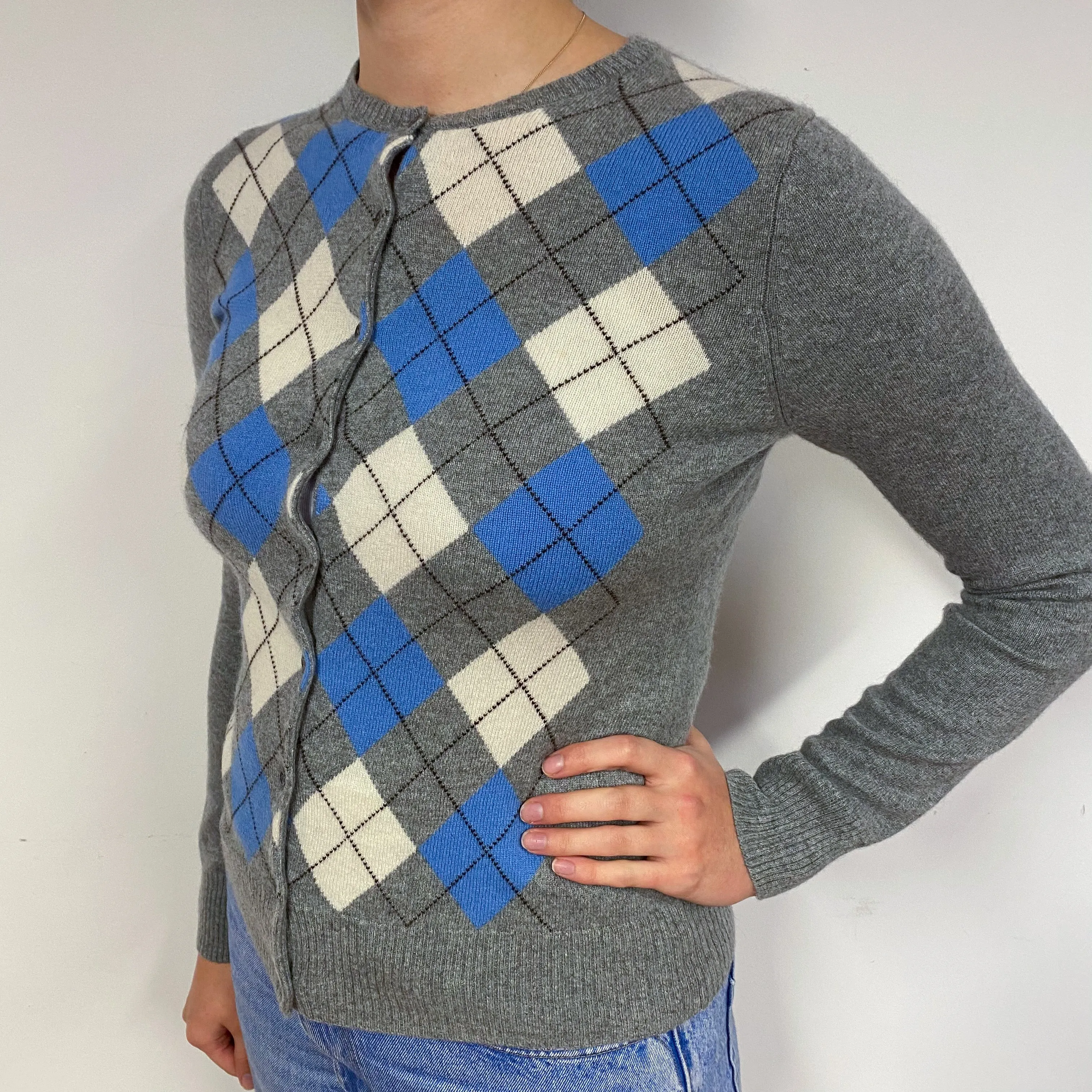 Grey Diamond Cashmere Crew Neck Cardigan Small