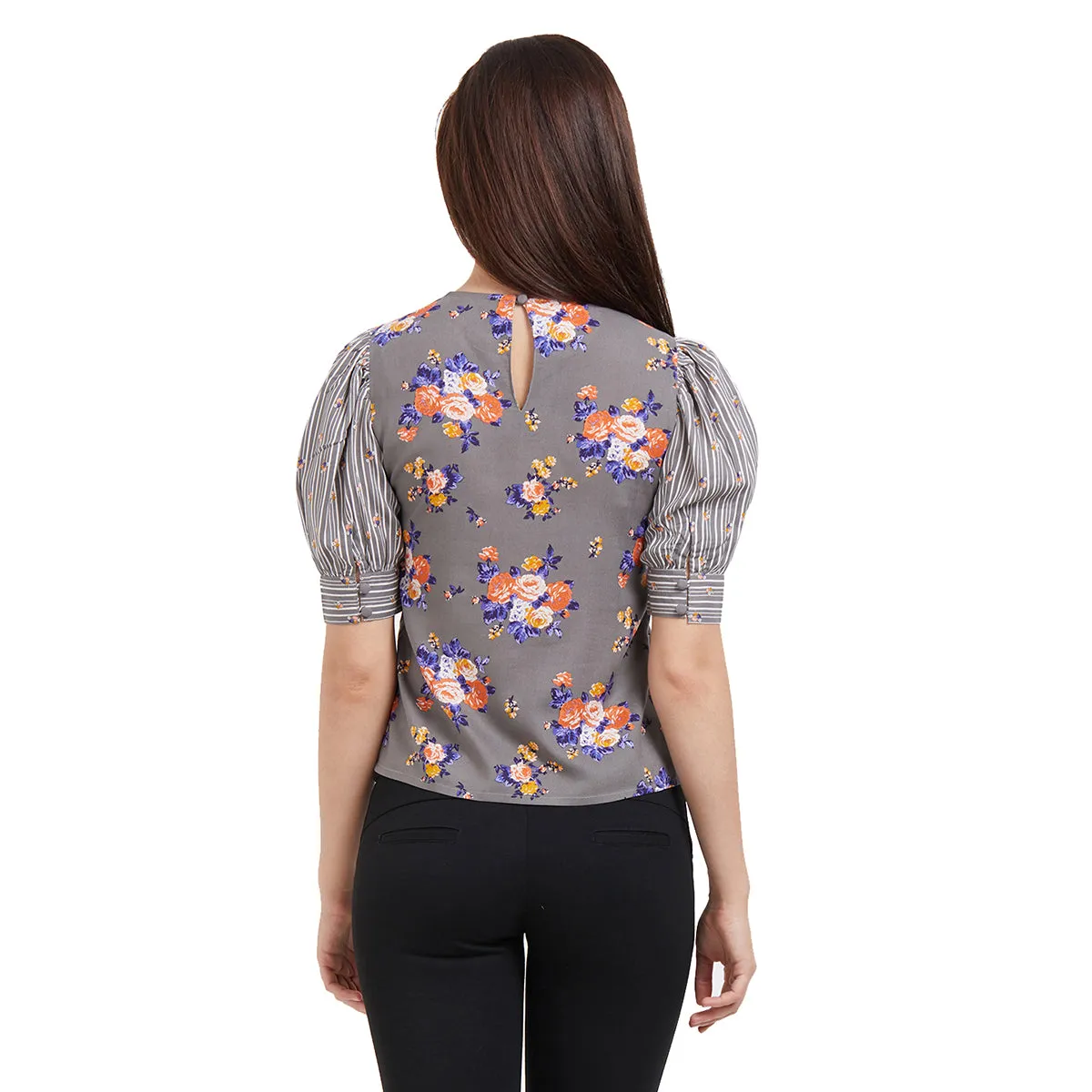 Grey Floral Top With 3/4Th Sleeves