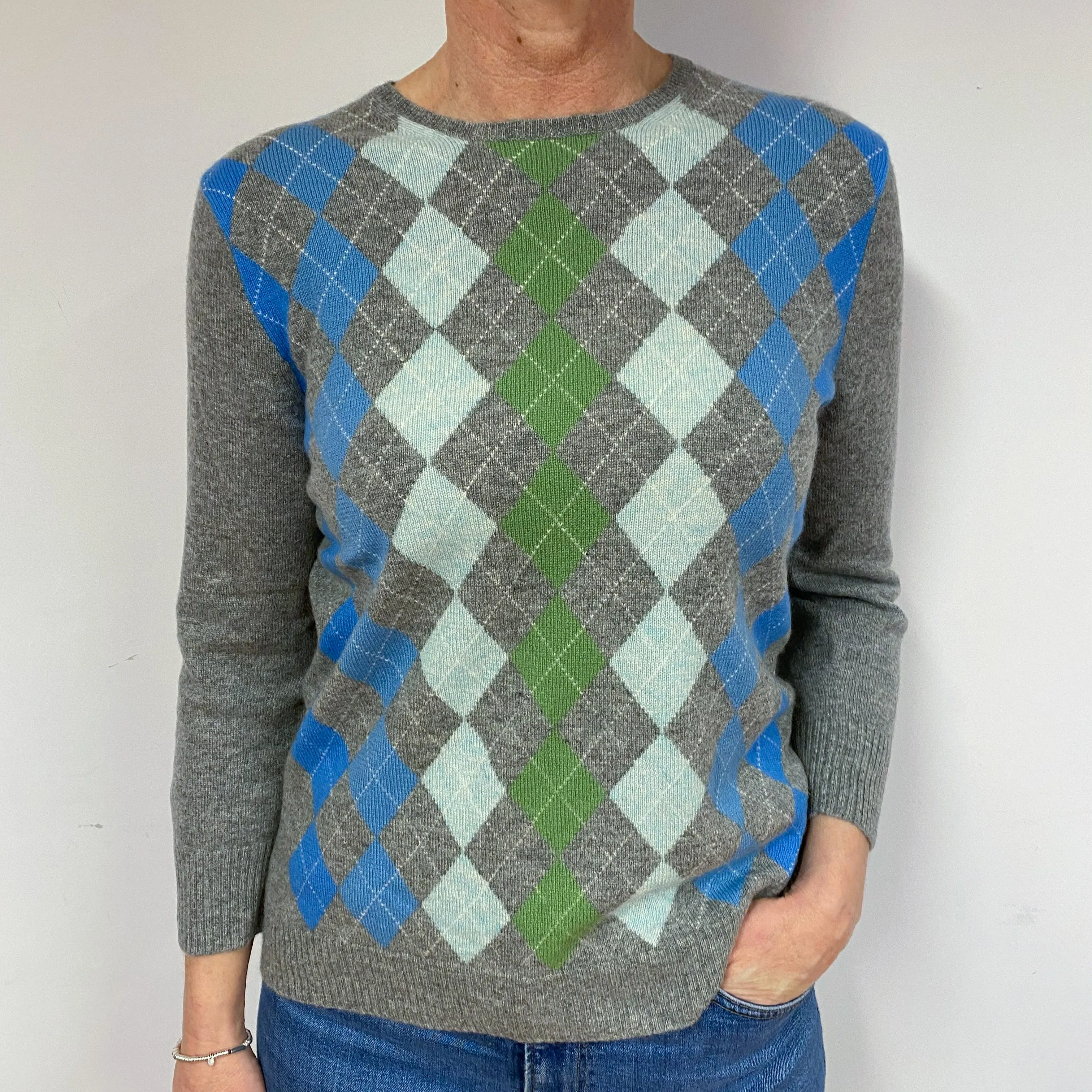 Grey Green Blue Argyle Cashmere Crew Neck Jumper Medium