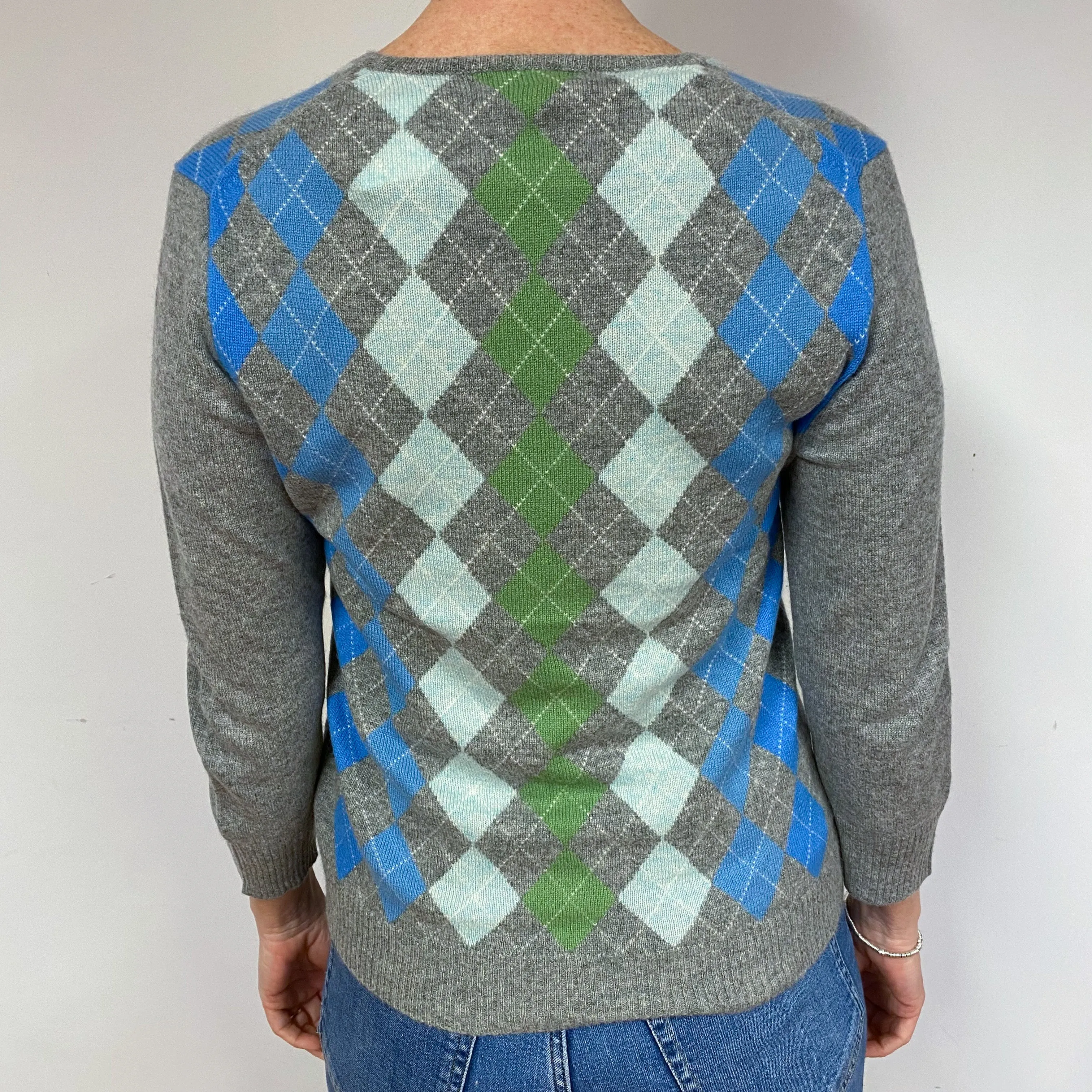 Grey Green Blue Argyle Cashmere Crew Neck Jumper Medium