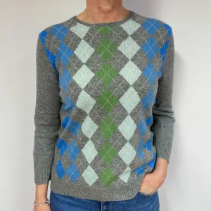 Grey Green Blue Argyle Cashmere Crew Neck Jumper Medium