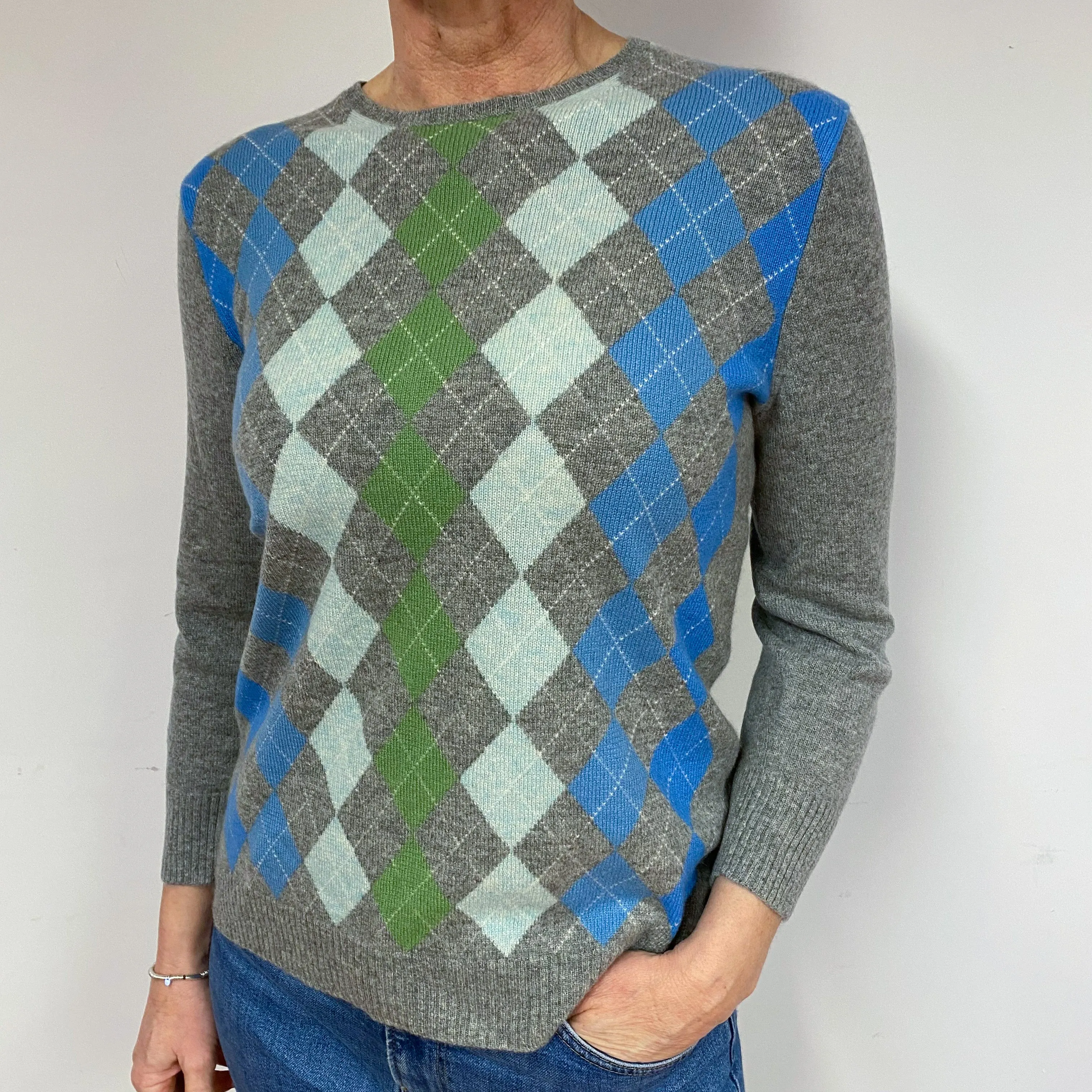 Grey Green Blue Argyle Cashmere Crew Neck Jumper Medium