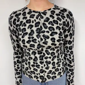 Grey Leopard Print Cashmere Crew Neck Cardigan Small