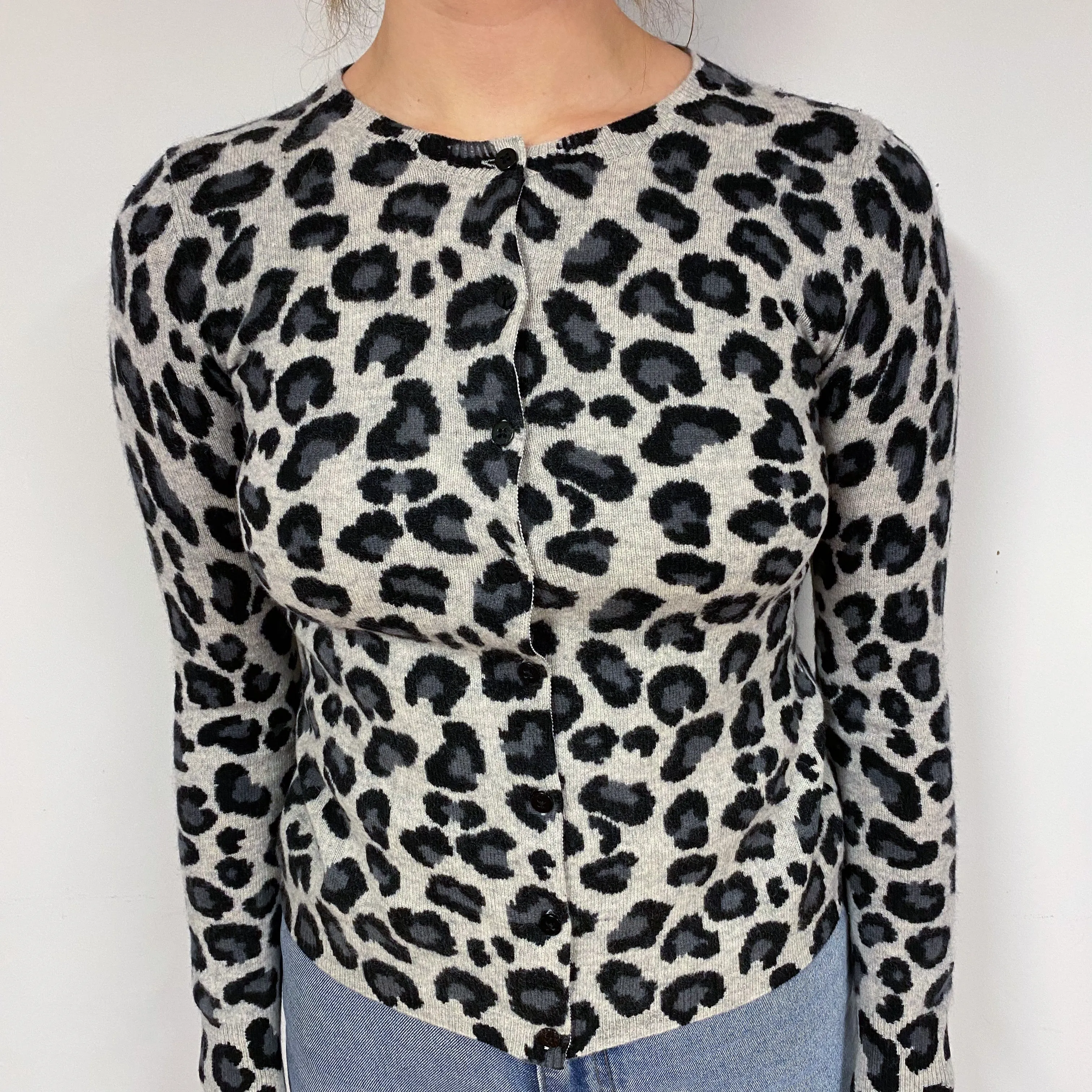 Grey Leopard Print Cashmere Crew Neck Cardigan Small