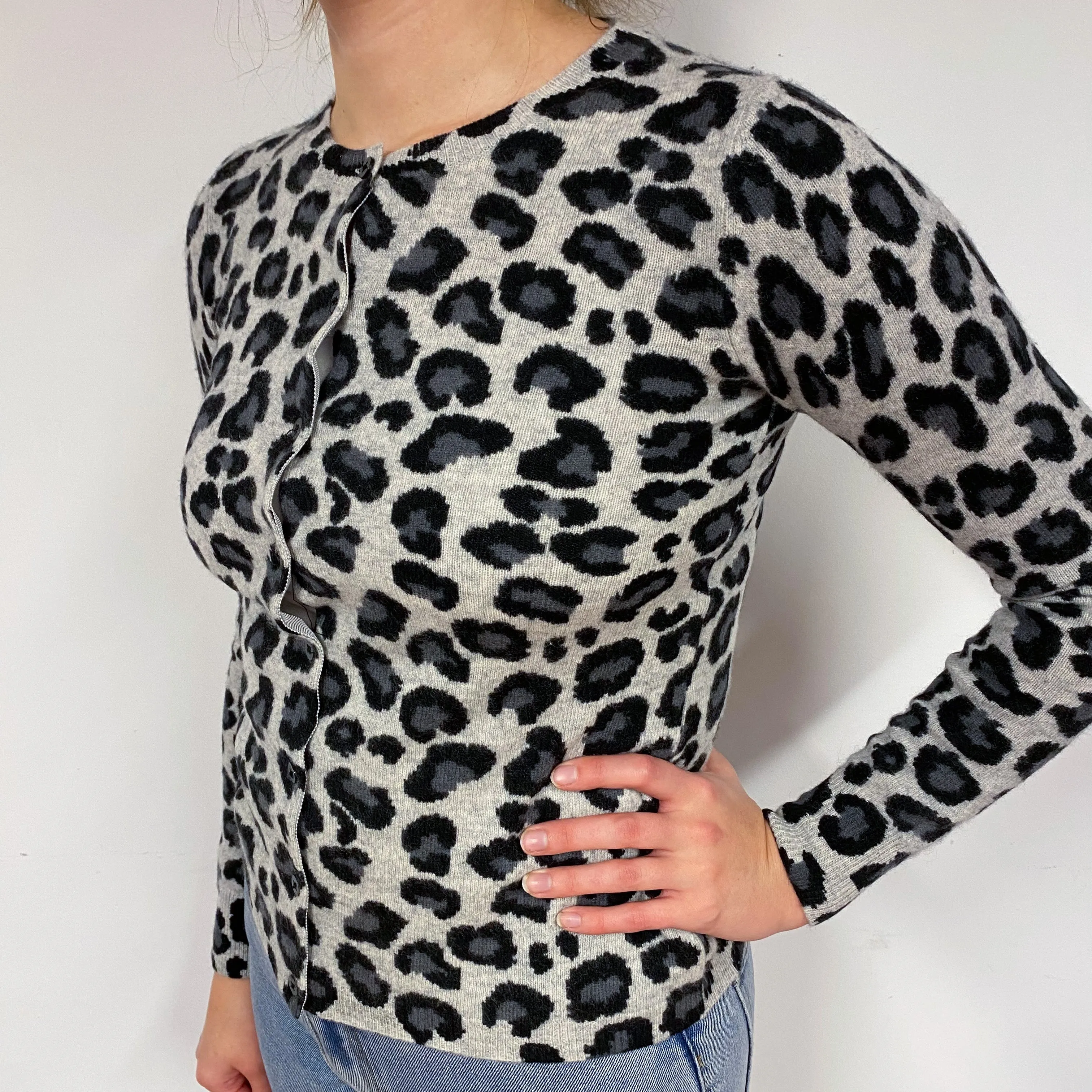 Grey Leopard Print Cashmere Crew Neck Cardigan Small