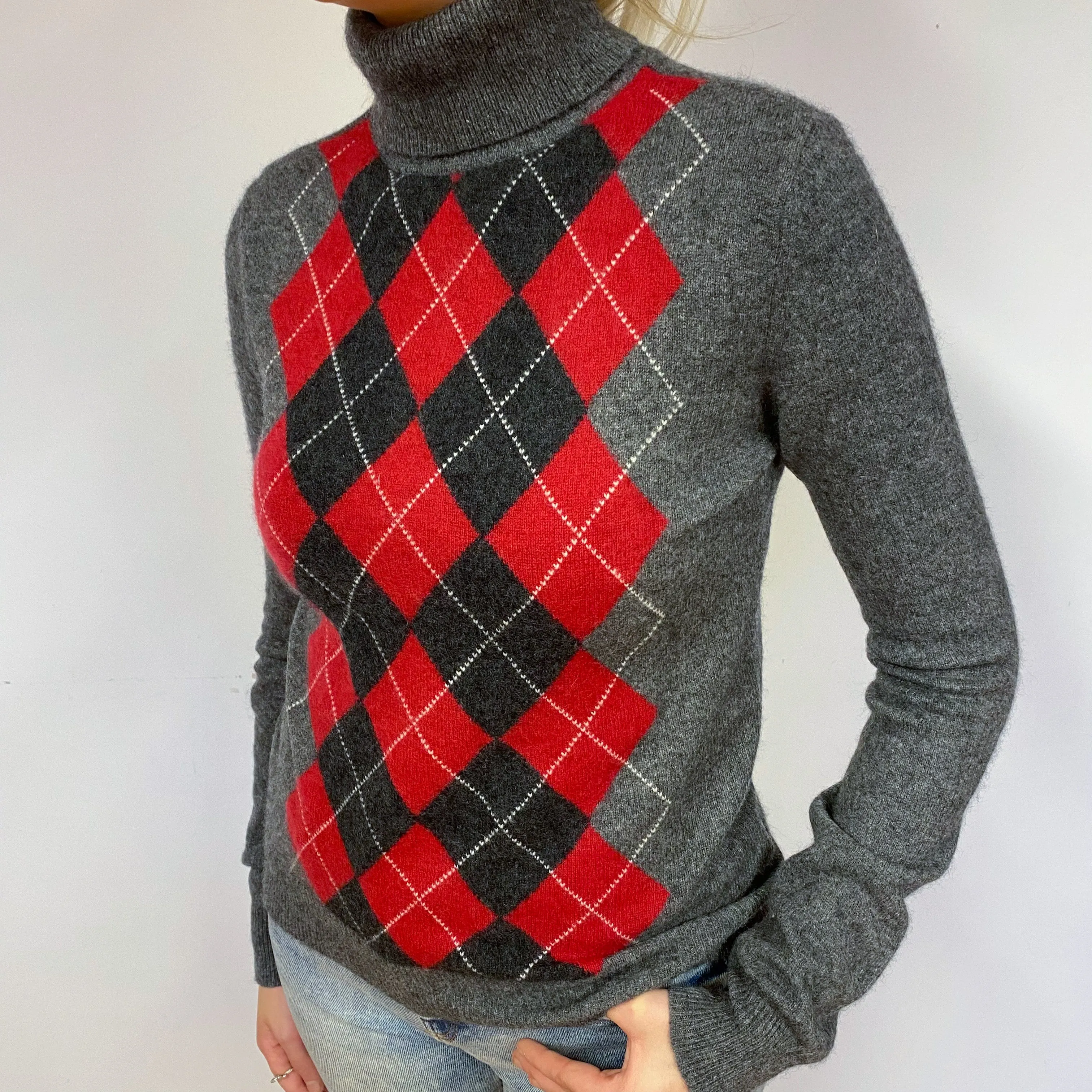 Grey Red Diamond Cashmere Polo Neck Jumper Small