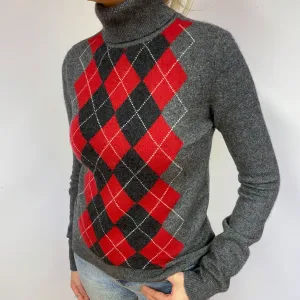 Grey Red Diamond Cashmere Polo Neck Jumper Small