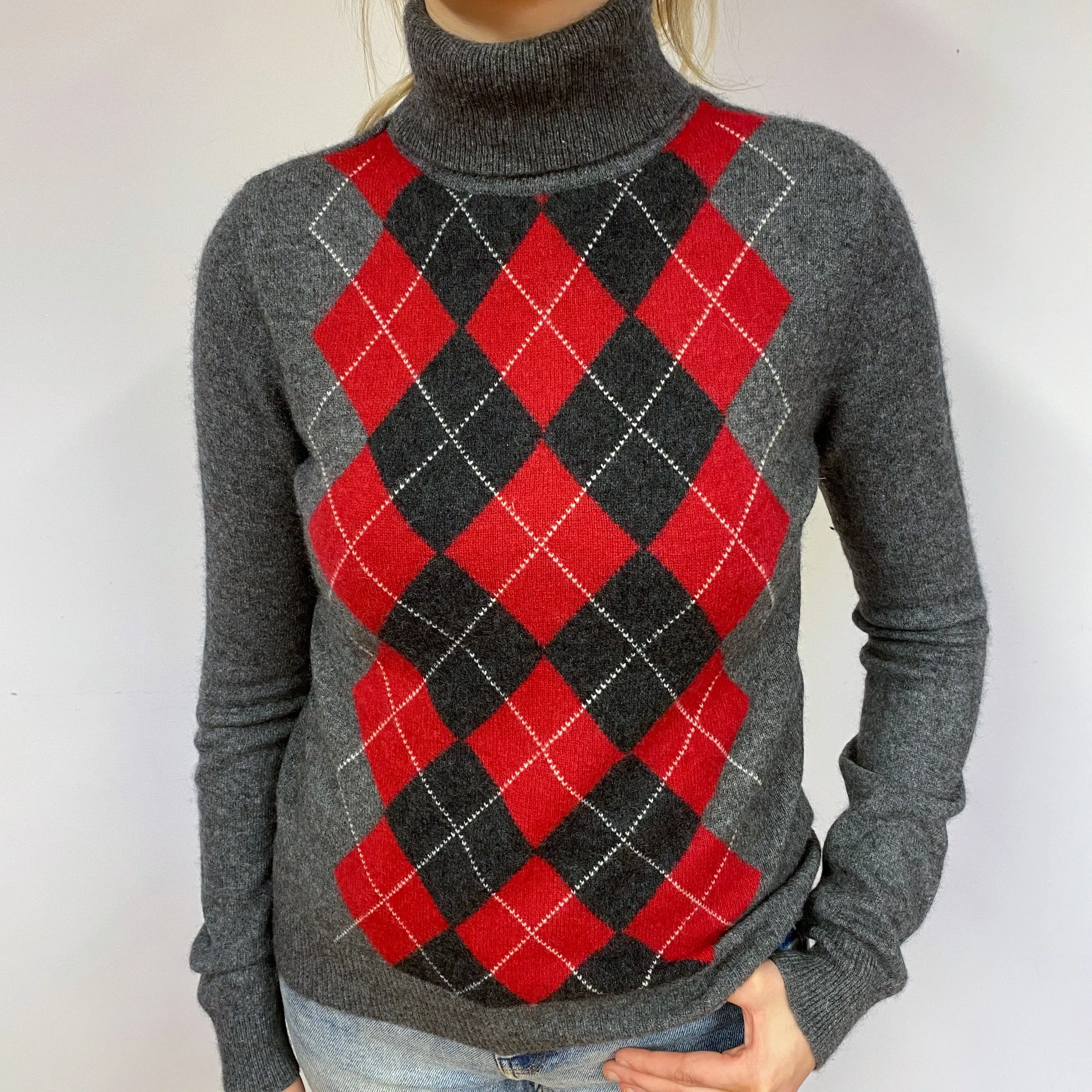 Grey Red Diamond Cashmere Polo Neck Jumper Small
