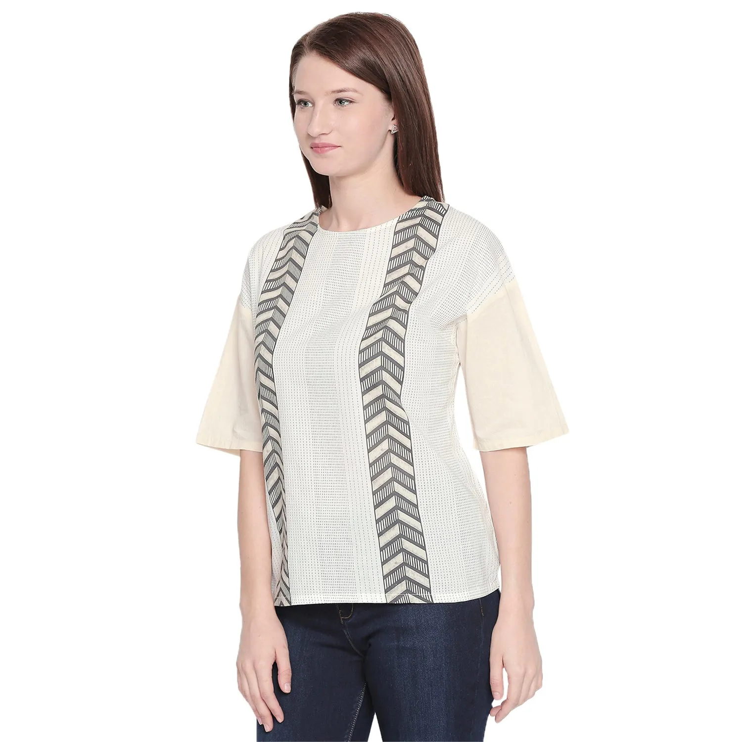 Grey Round Neck Printed Top