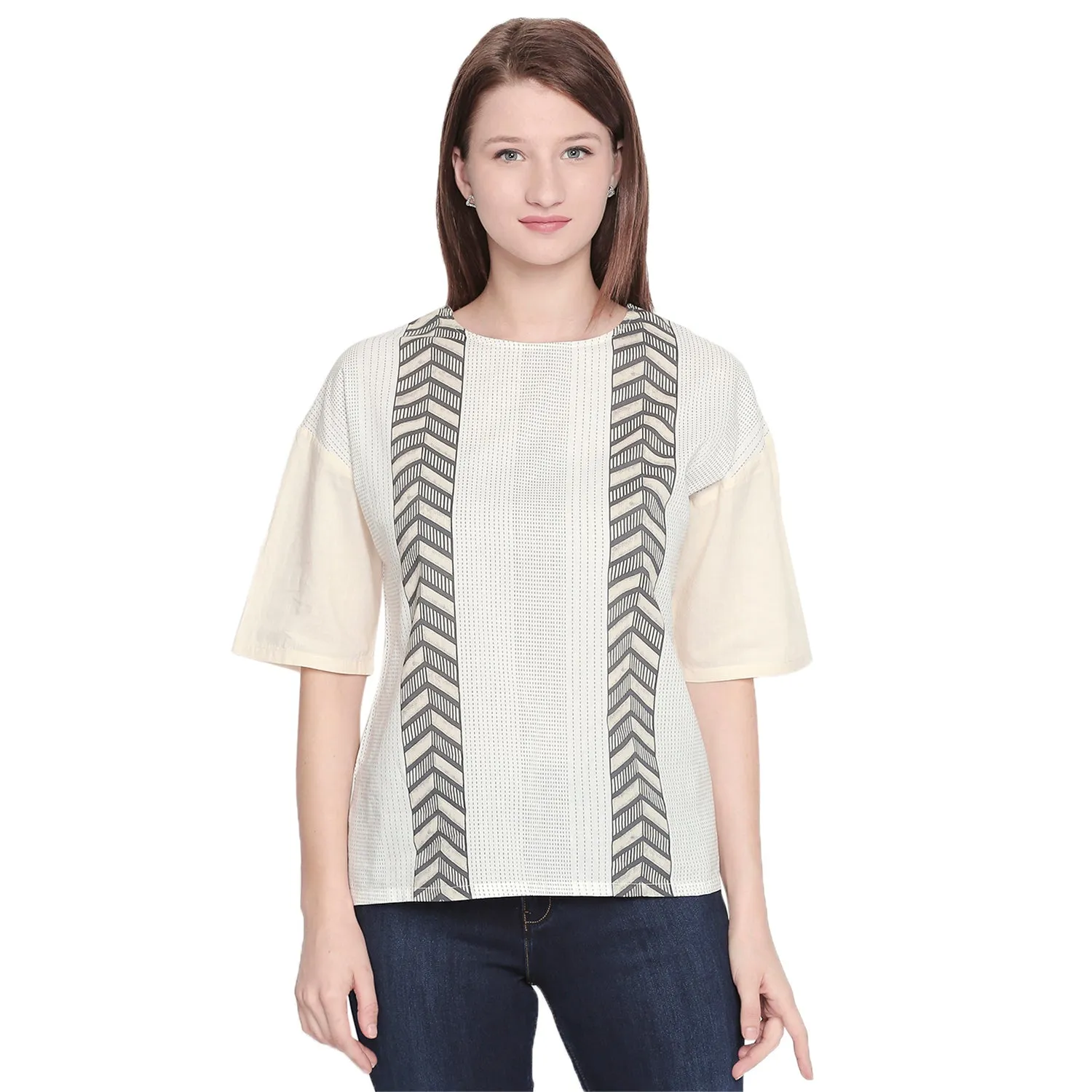 Grey Round Neck Printed Top
