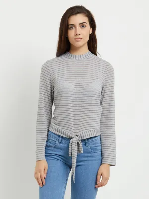 Grey Strpe Top With Front Tie Up