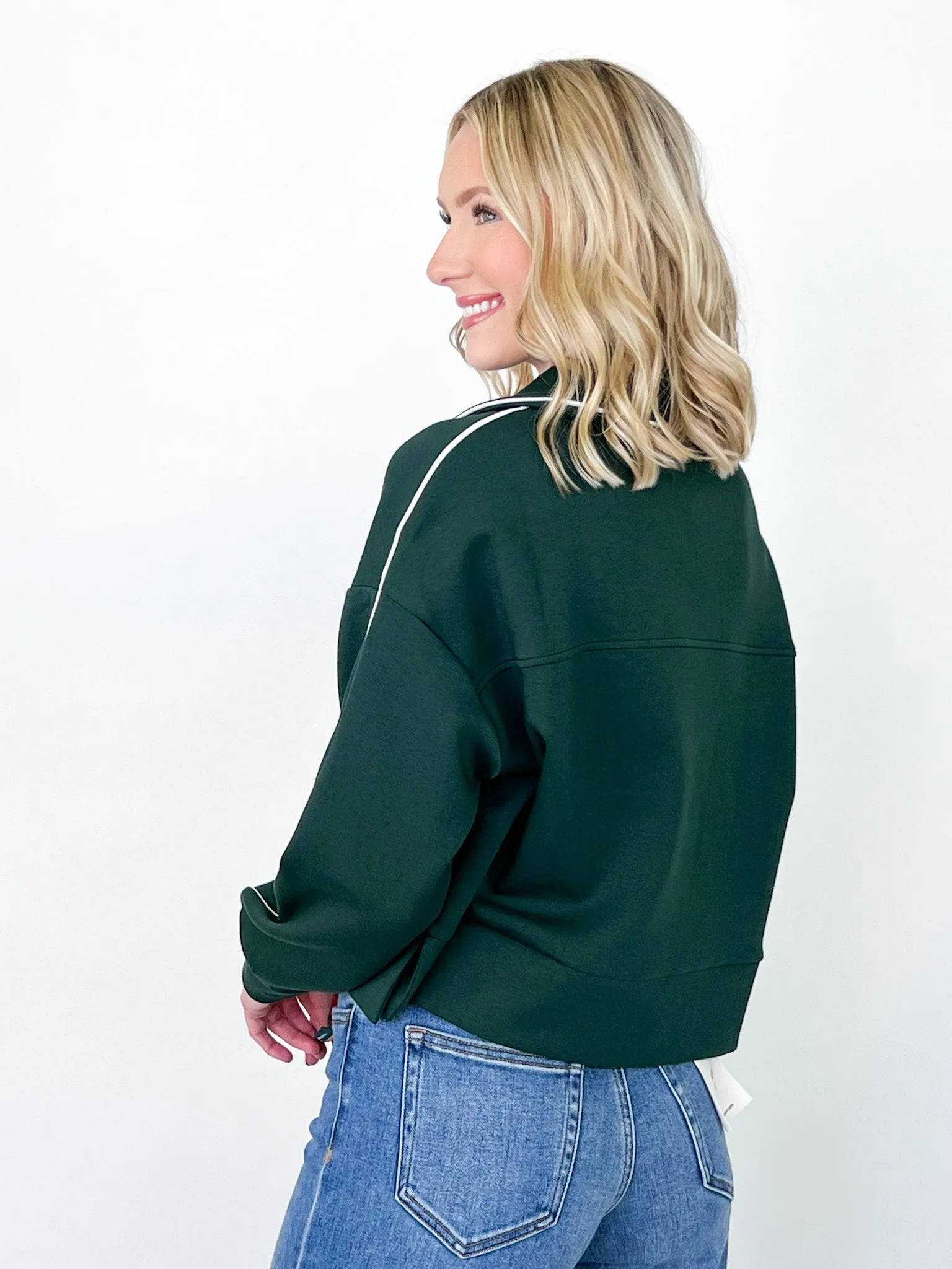 Hallie - Emerald Green Half Zip w/ White Piping Detail