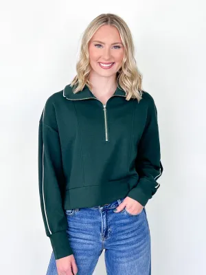 Hallie - Emerald Green Half Zip w/ White Piping Detail