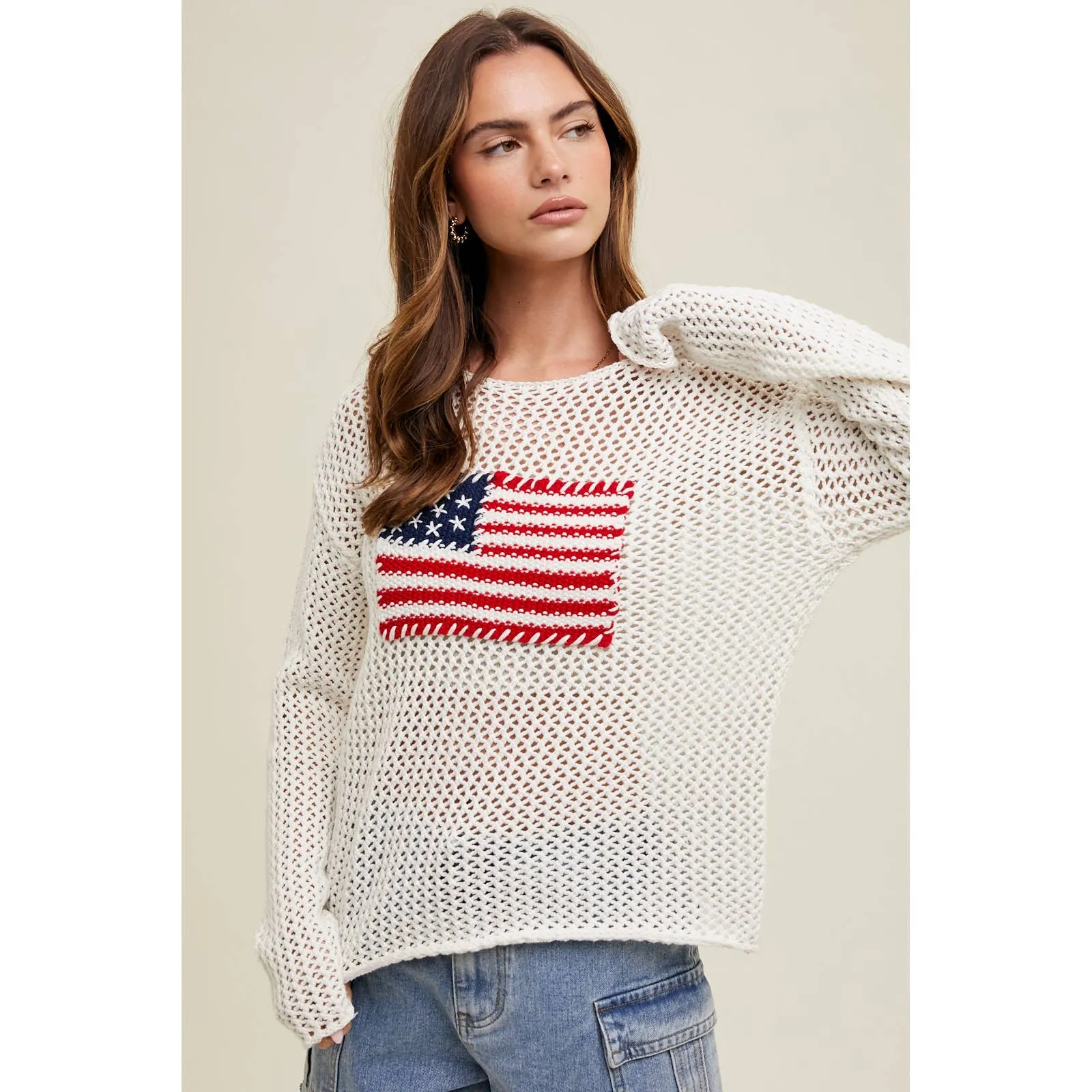 Hand Stitched American Flag Open-Knit Sweater