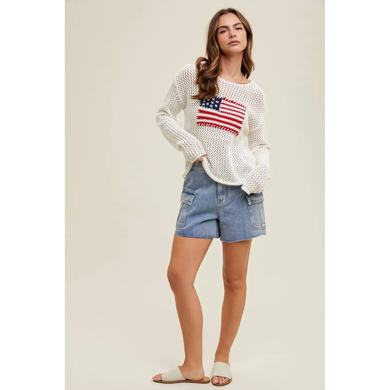 Hand Stitched American Flag Open-Knit Sweater