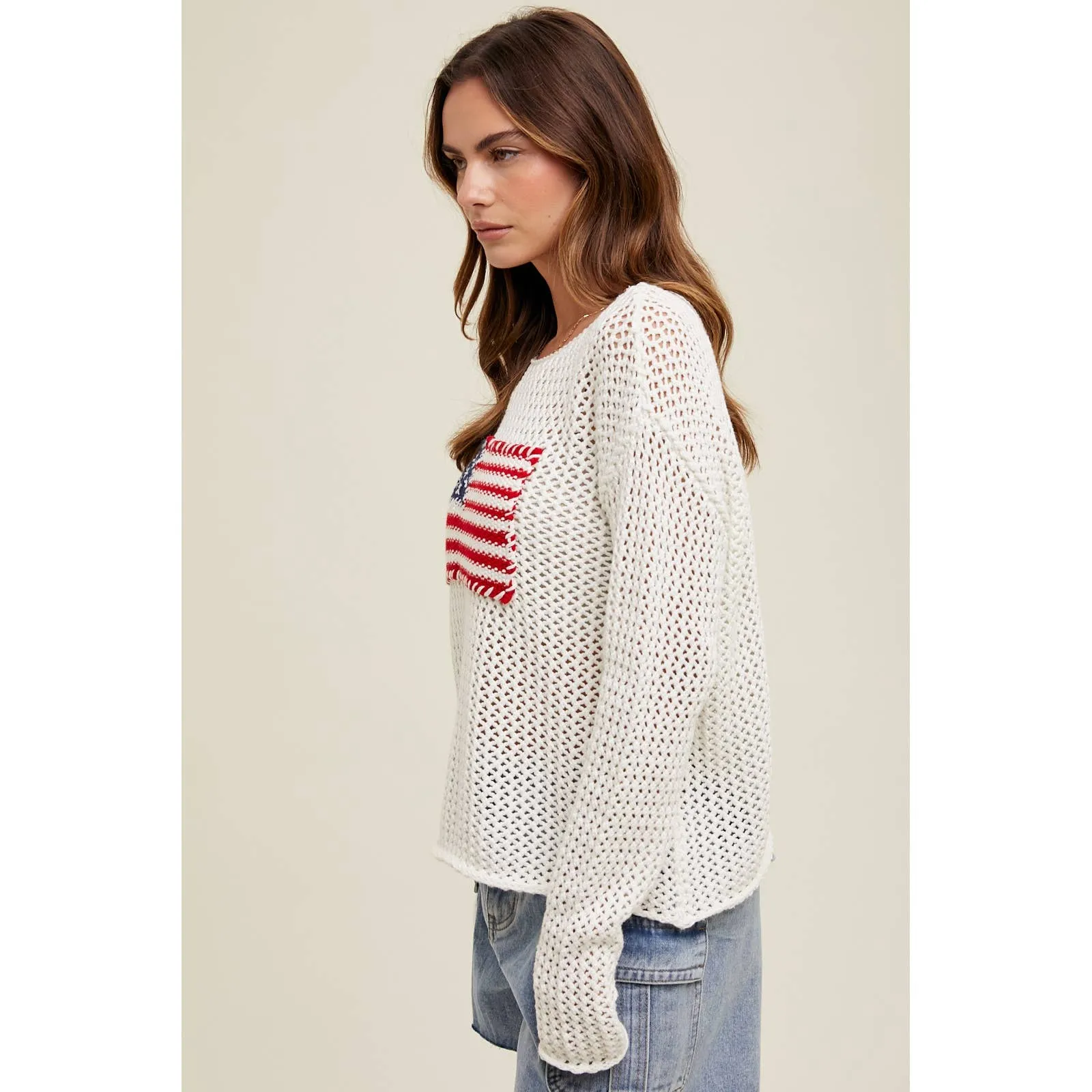 Hand Stitched American Flag Open-Knit Sweater
