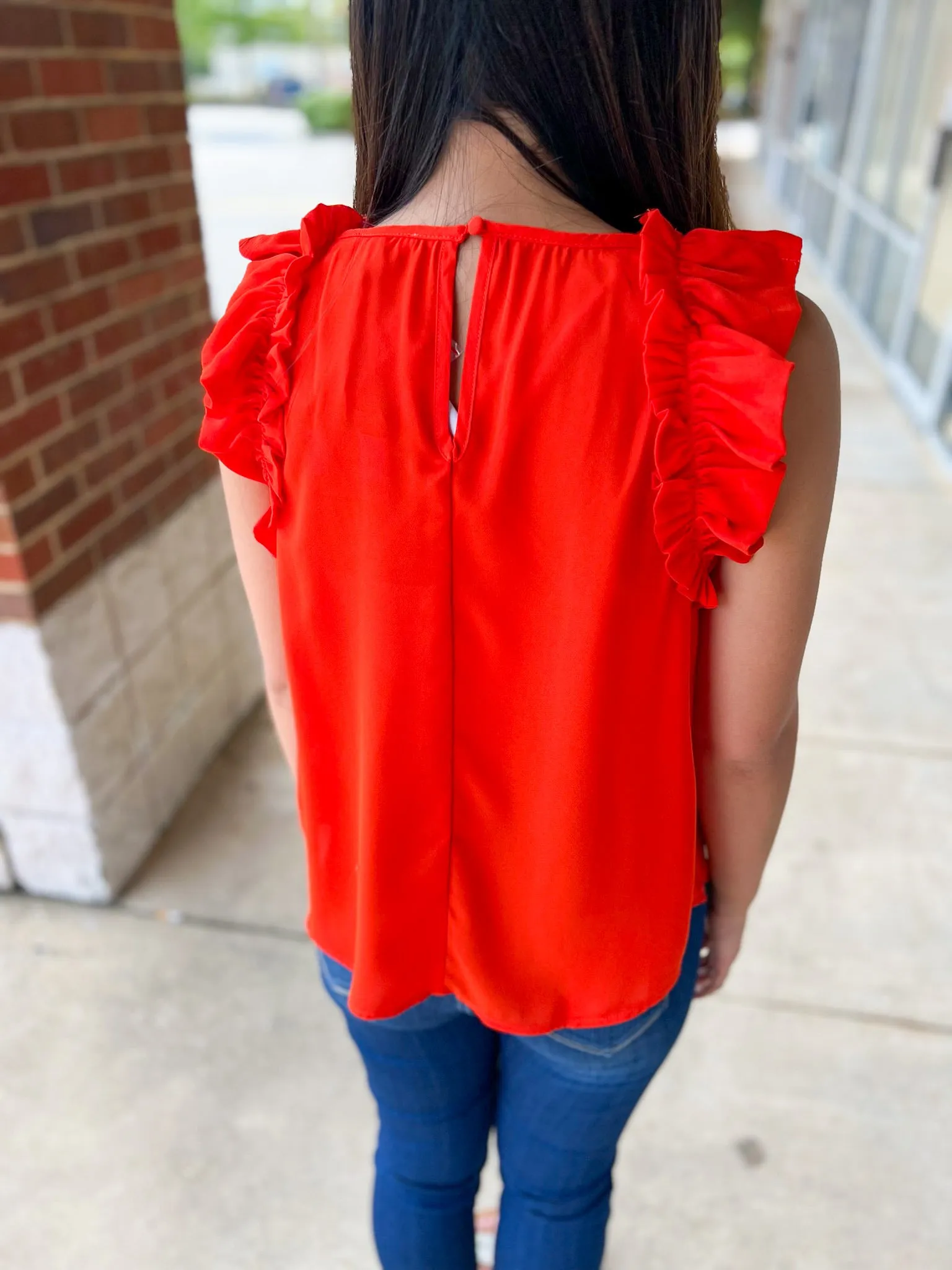 Have It All Tomato Red Sleeveless Top with Ruffle Trim