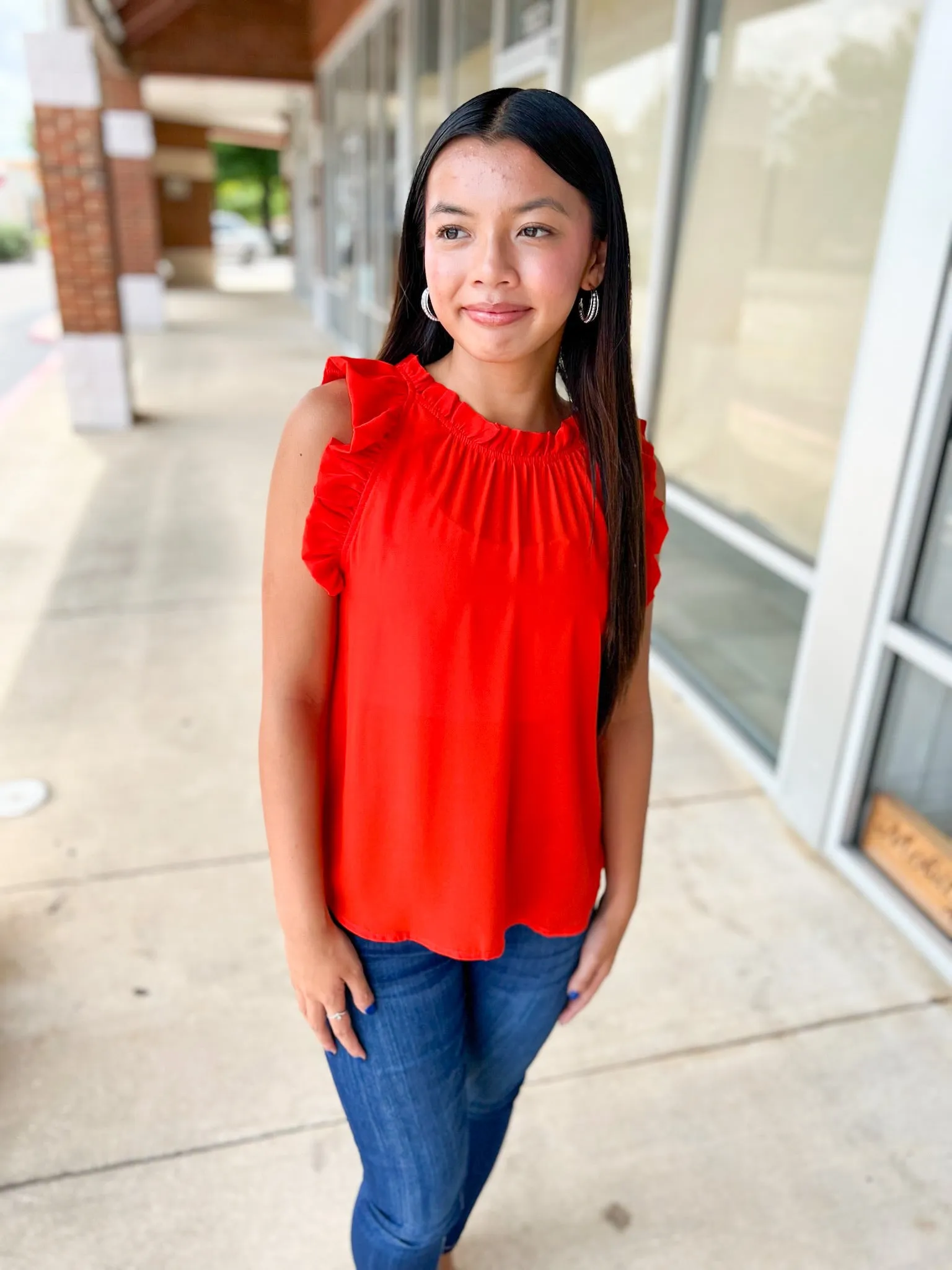 Have It All Tomato Red Sleeveless Top with Ruffle Trim