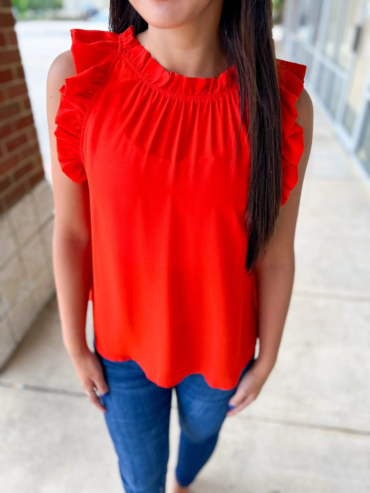 Have It All Tomato Red Sleeveless Top with Ruffle Trim
