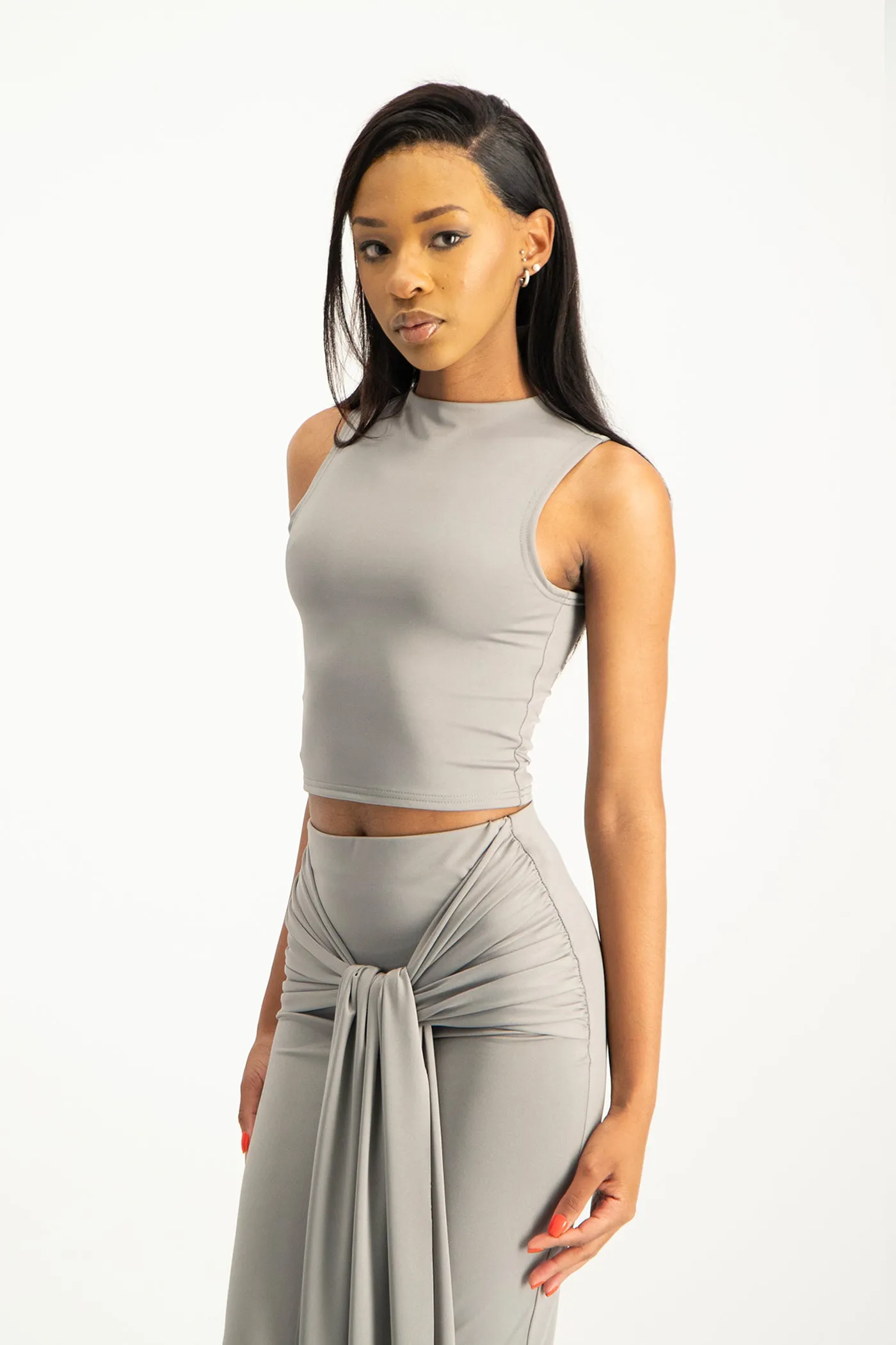 Hazel High Neck Crop Top - Grey