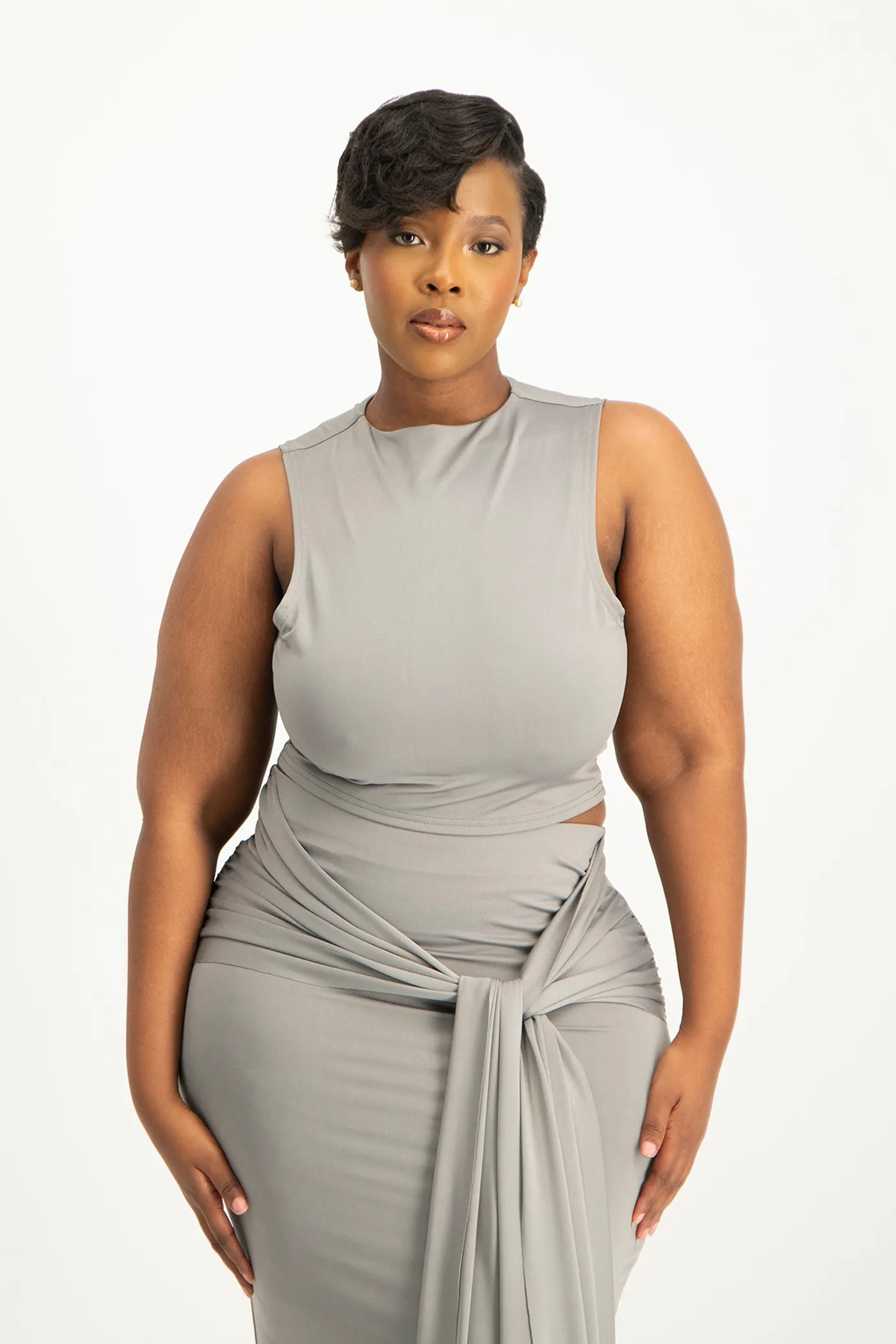Hazel High Neck Crop Top - Grey