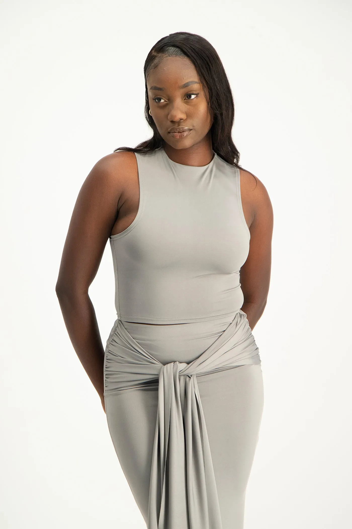 Hazel High Neck Crop Top - Grey