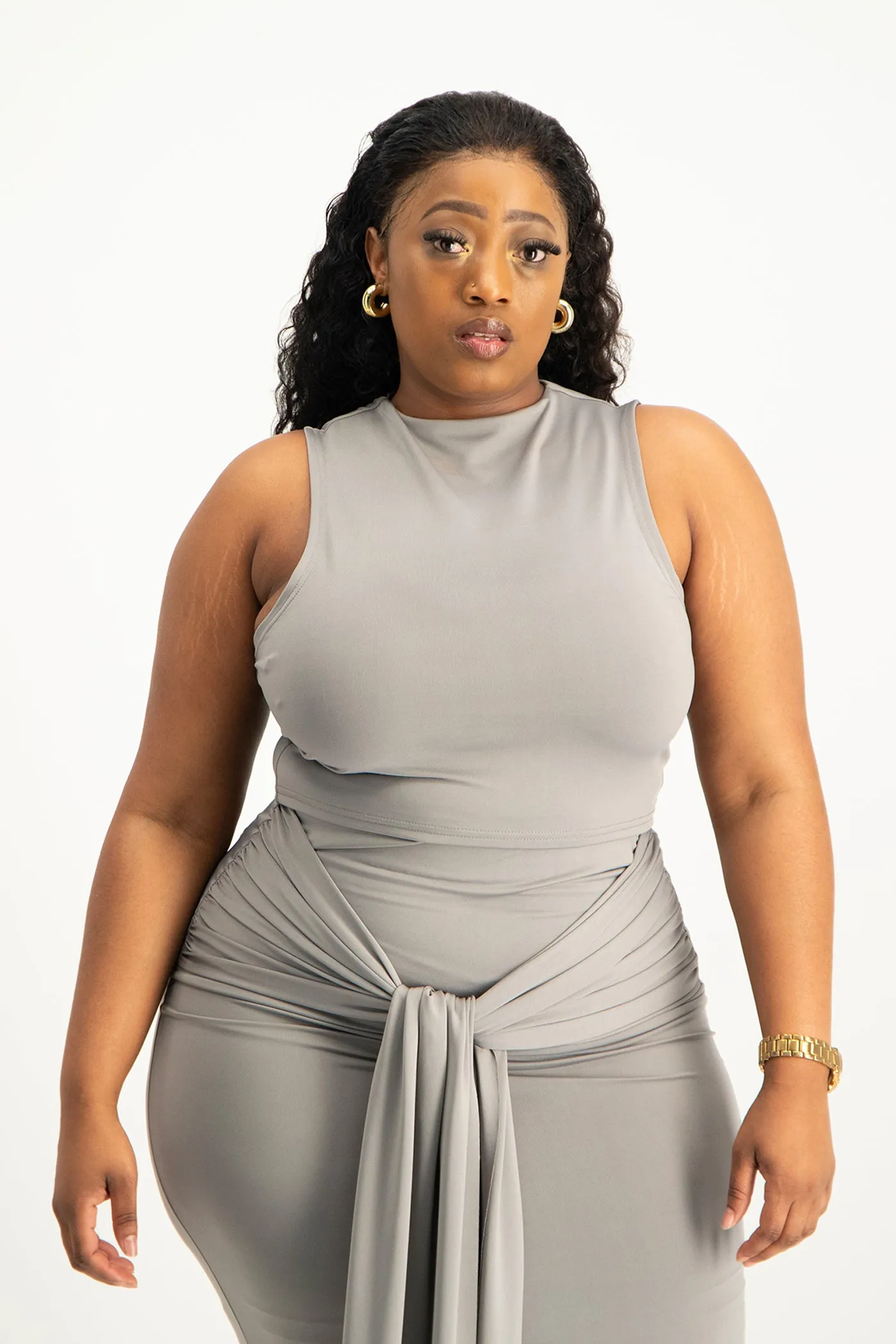 Hazel High Neck Crop Top - Grey