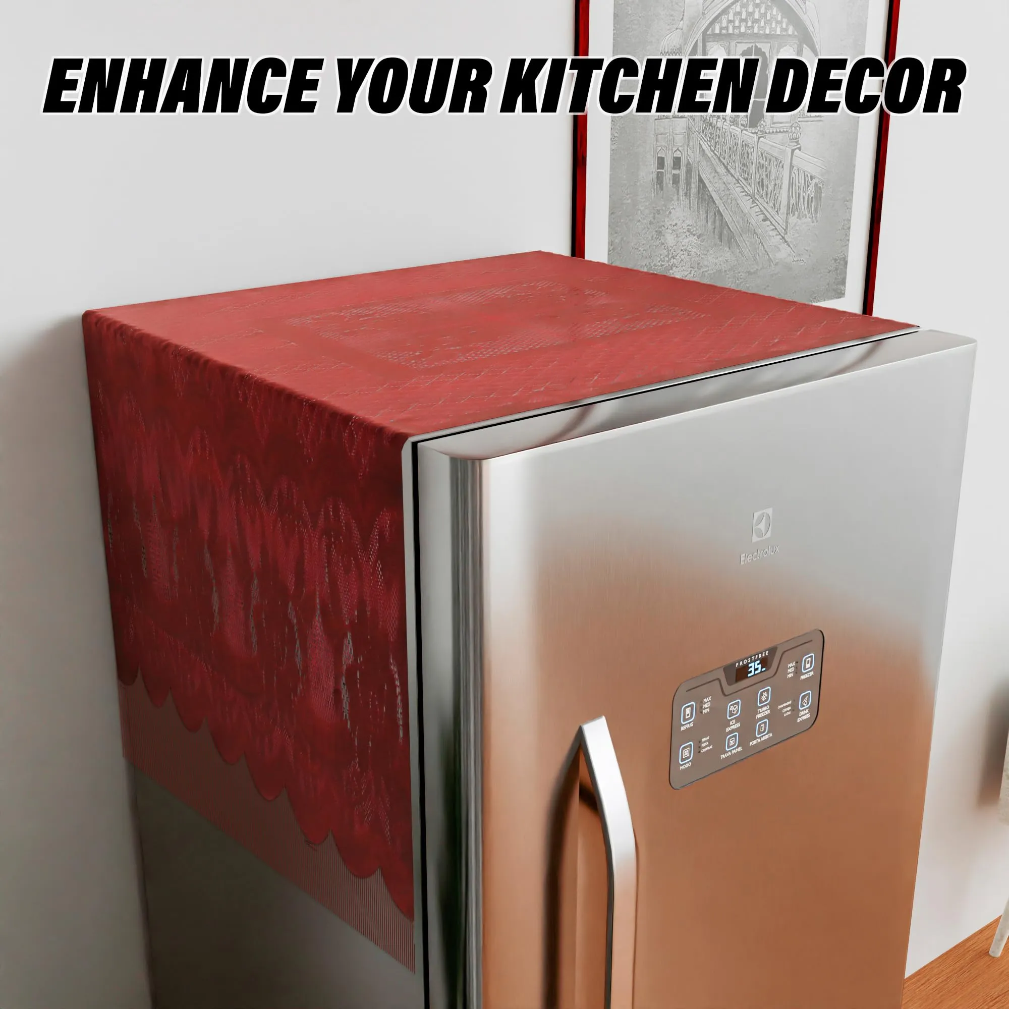 Heart Home Fridge Top Cover | Household Refrigerator Cover | Refrigerator Top Cover for Kitchen | Refrigerator Top Protector | Net Jhalar Fridge Top Cover | Maroon