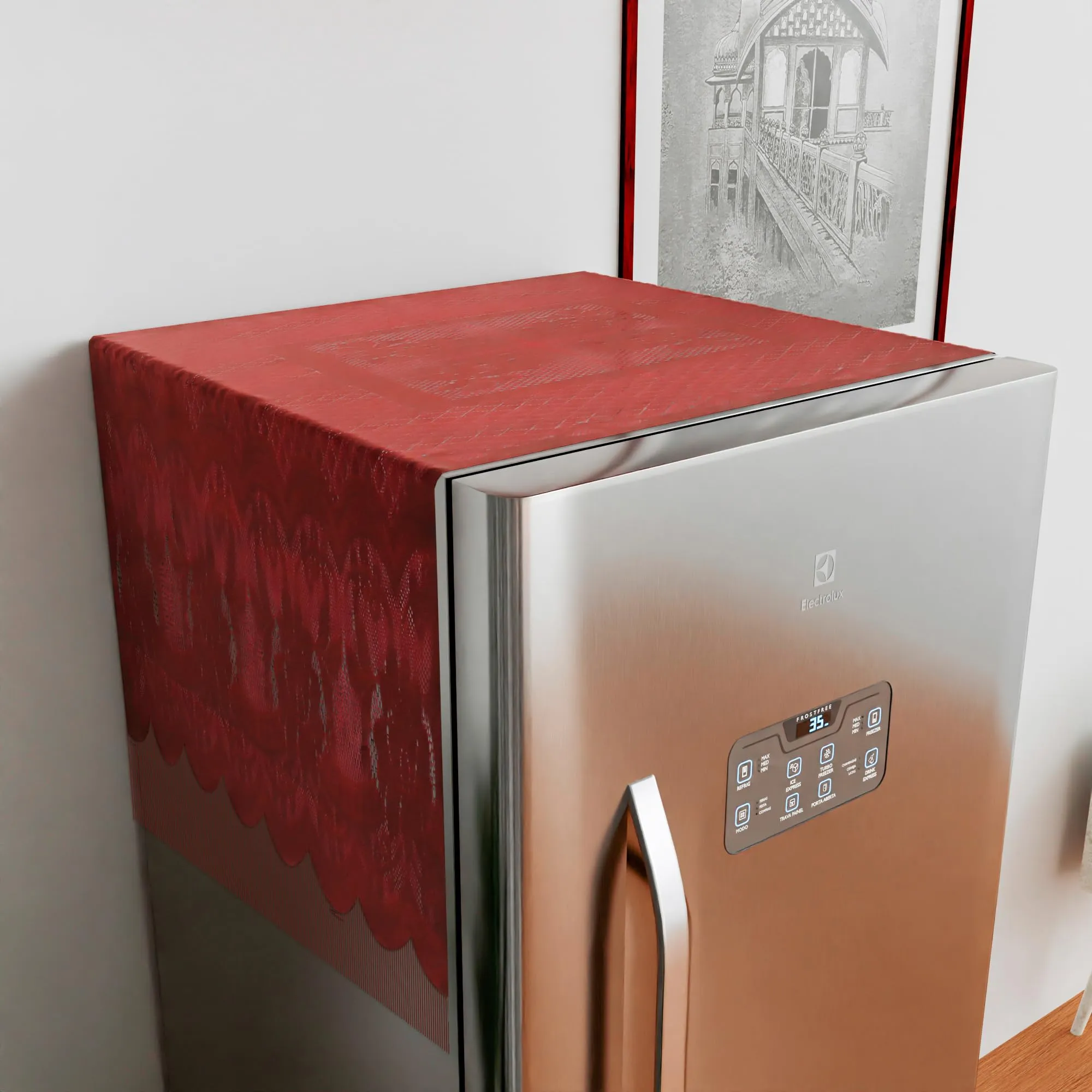 Heart Home Fridge Top Cover | Household Refrigerator Cover | Refrigerator Top Cover for Kitchen | Refrigerator Top Protector | Net Jhalar Fridge Top Cover | Maroon