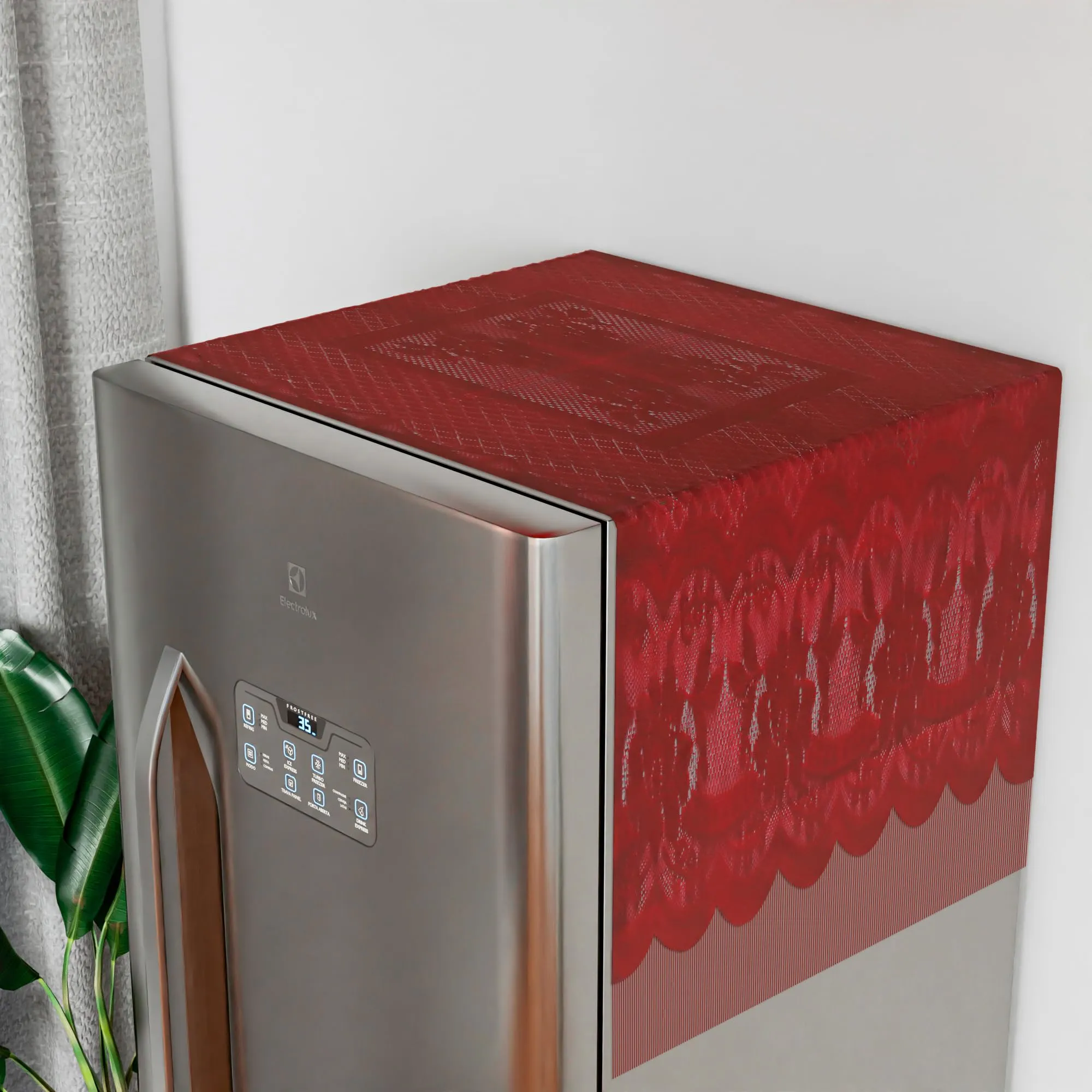 Heart Home Fridge Top Cover | Household Refrigerator Cover | Refrigerator Top Cover for Kitchen | Refrigerator Top Protector | Net Jhalar Fridge Top Cover | Maroon