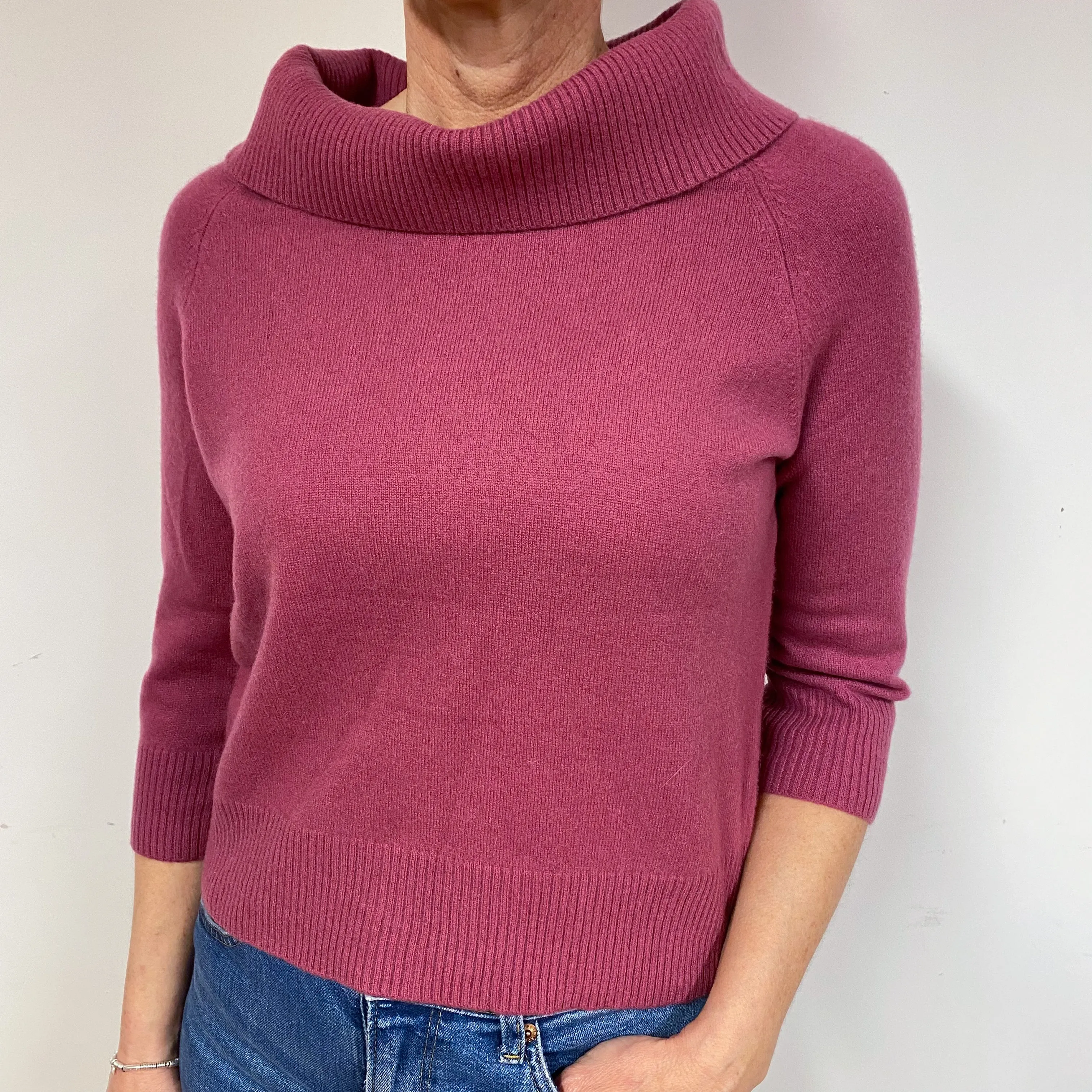 Heather Pink 3/4 Sleeve Cashmere Roll Neck Jumper Medium