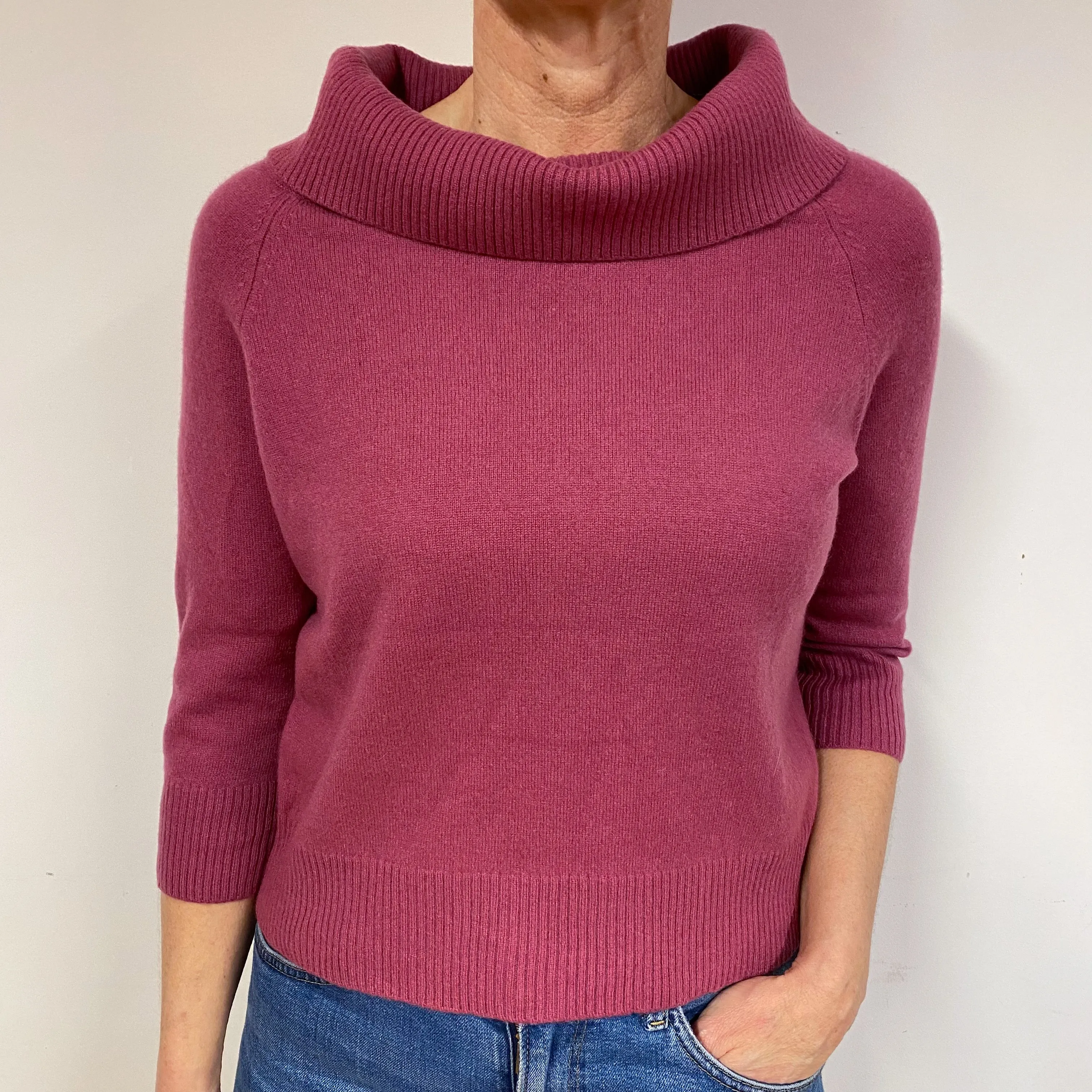 Heather Pink 3/4 Sleeve Cashmere Roll Neck Jumper Medium