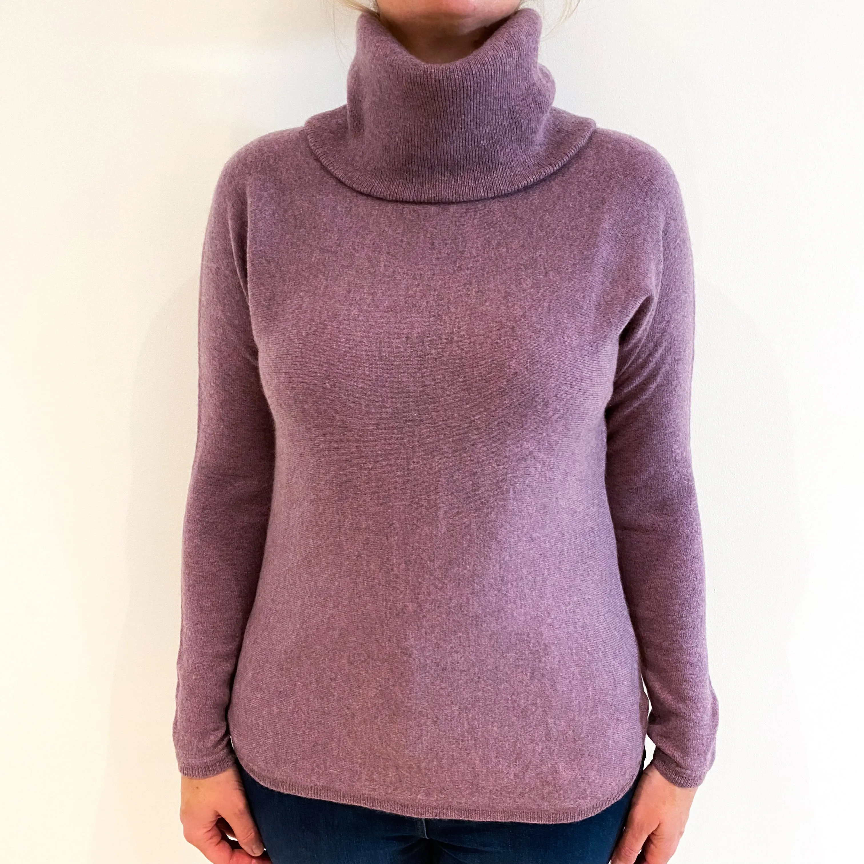Heather Purple Batwing Cashmere Polo Neck Jumper Large