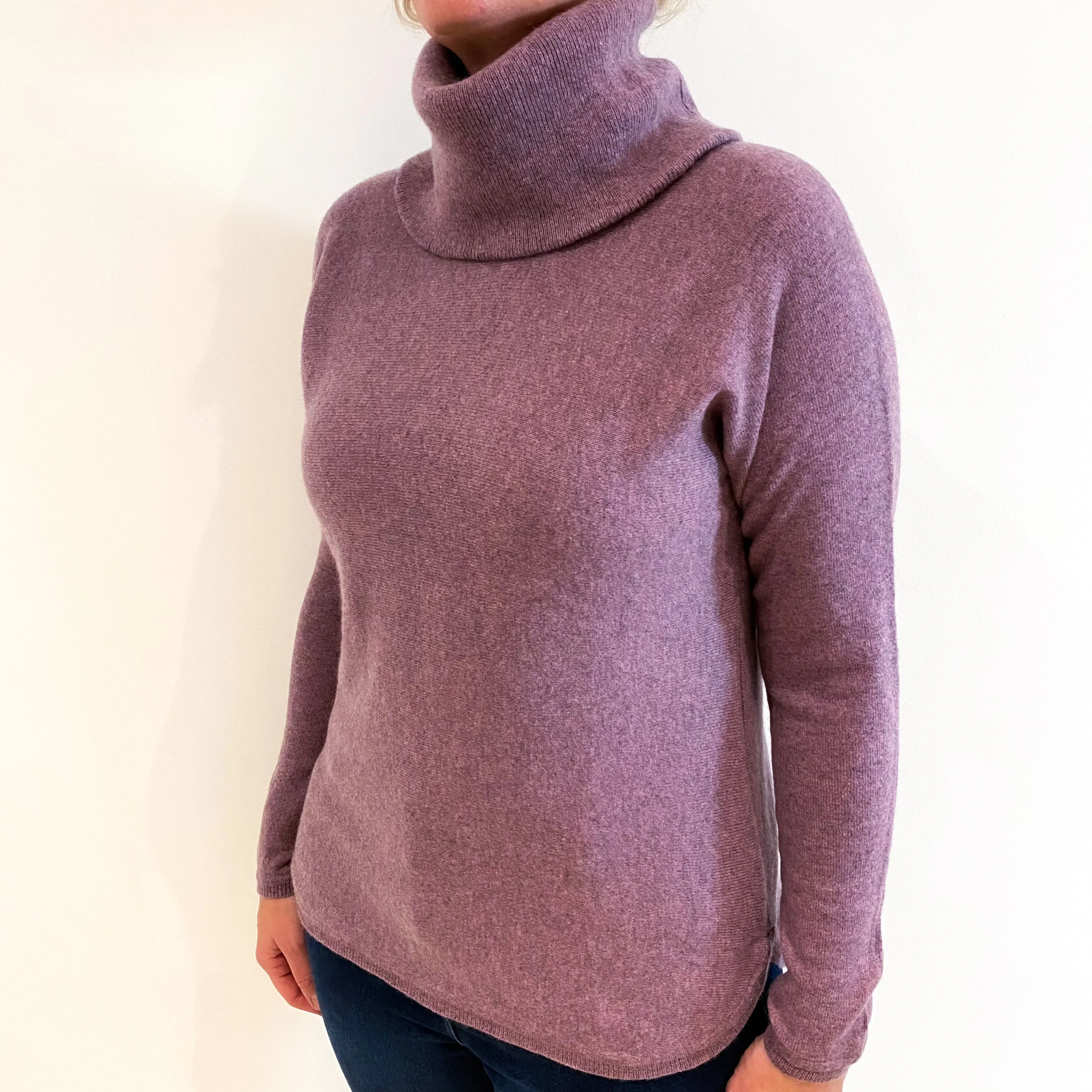 Heather Purple Batwing Cashmere Polo Neck Jumper Large