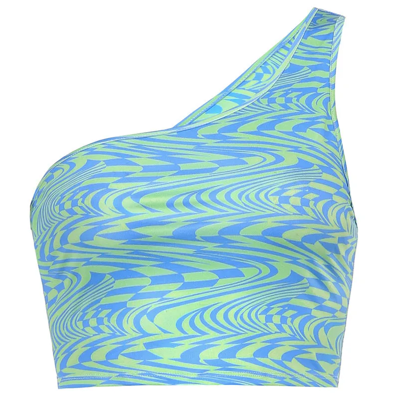 Hot Girls Women's Sexy Crop Top Water Wave Print Single Shoulder Irregular Backless Lace-up