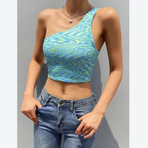 Hot Girls Women's Sexy Crop Top Water Wave Print Single Shoulder Irregular Backless Lace-up